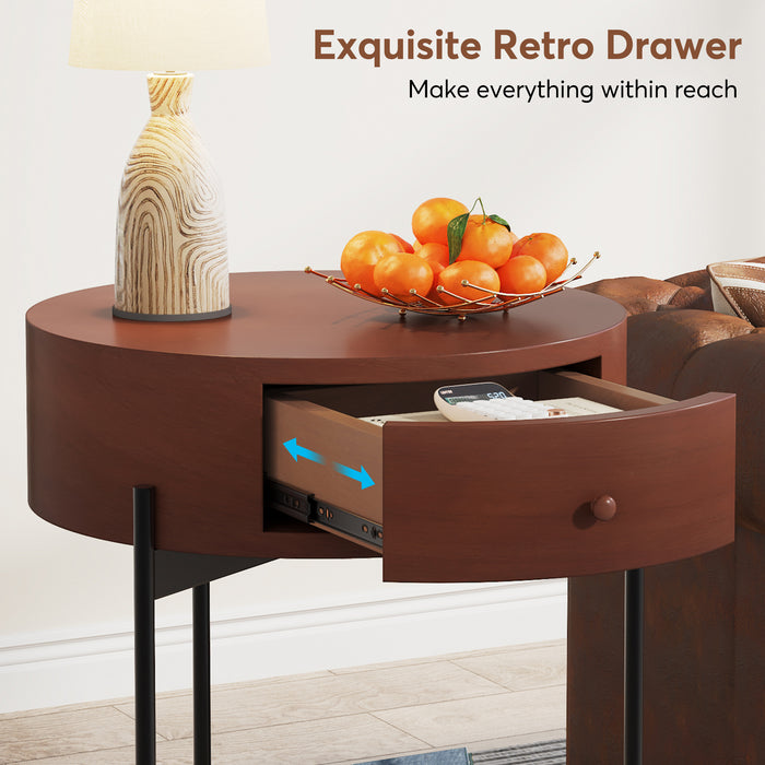 End Table, Round Bedside Table Nightstand with Drawer & Shelf Tribesigns