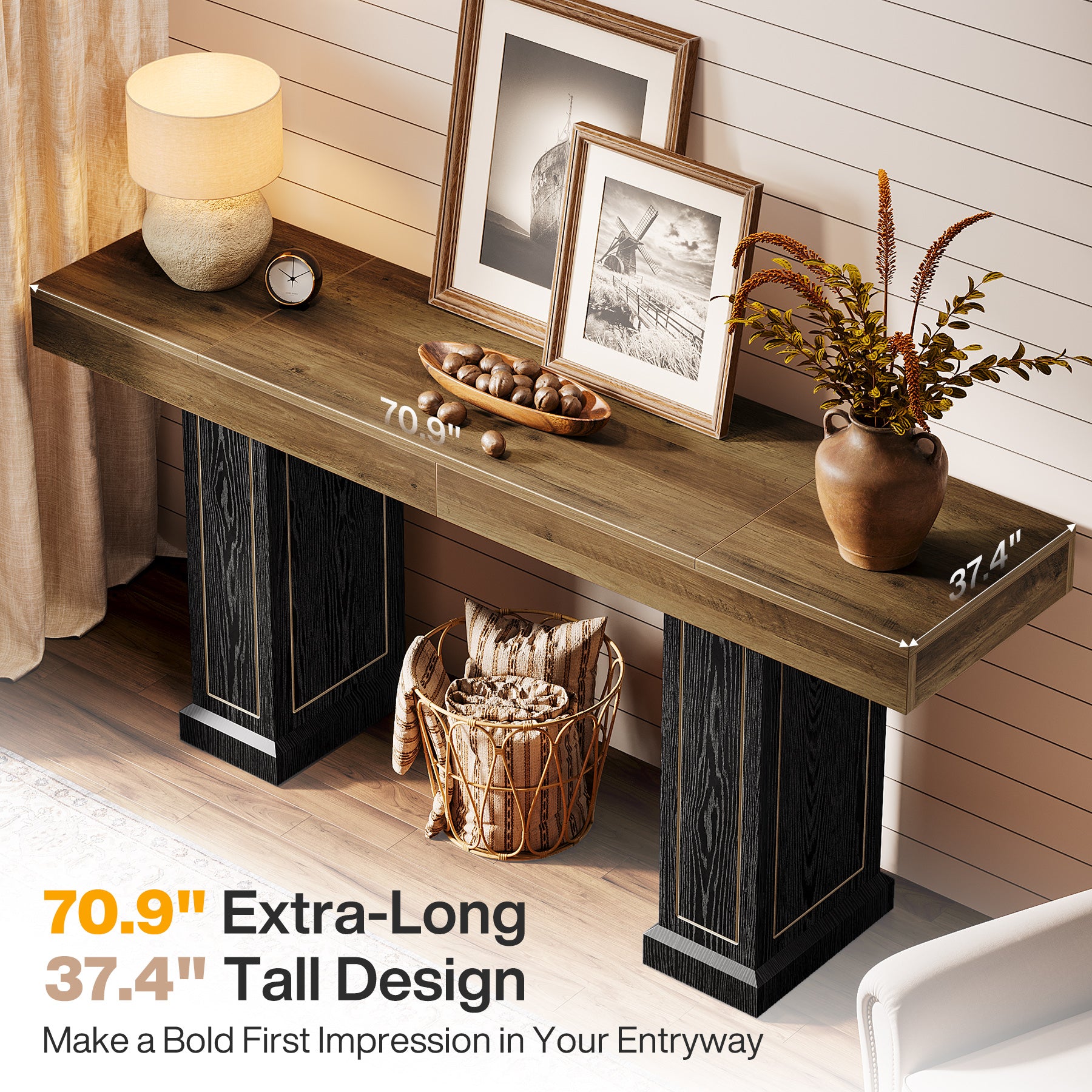 71" Extra Long Sofa Table Behind Couch, 37.4" Tall Narrow Console Table with Gold Accents