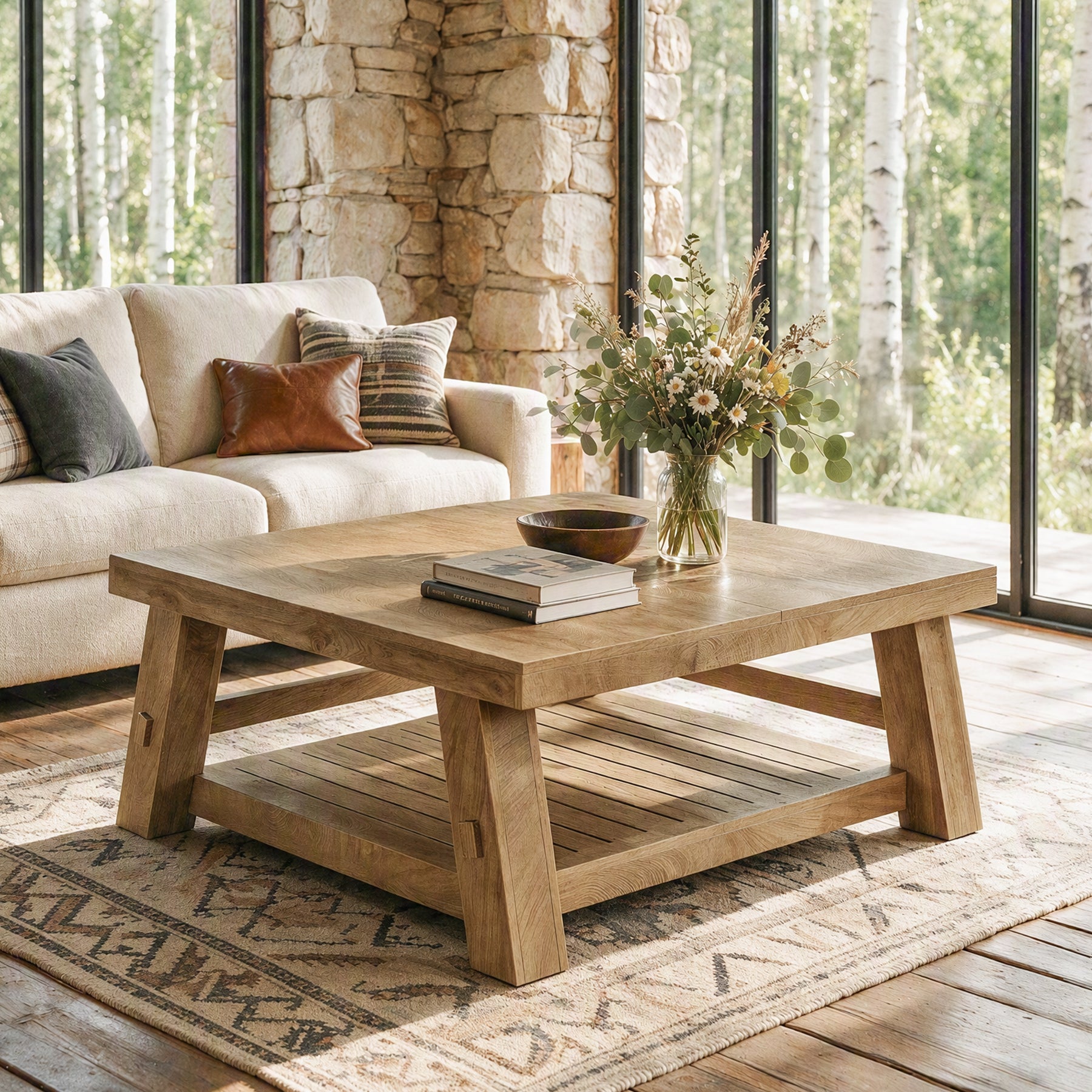 39" Square Coffee Table, 2-Tier Slatted Storage Shelf, Farmhouse Living Room