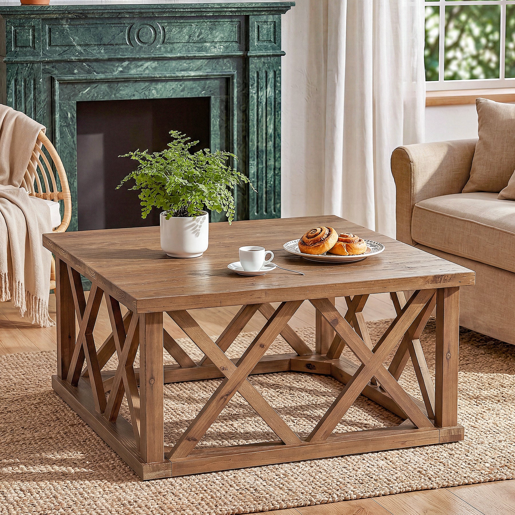 Tribesigns 39.37" Solid Wood Coffee Table, Square Farmhouse Table for Living Room