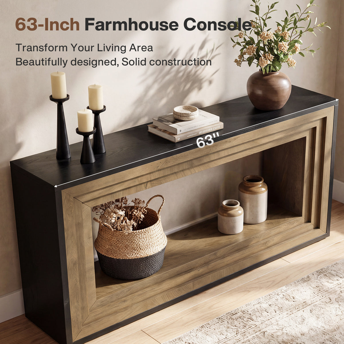 63" Console Table, Farmhouse Entryway Table Sofa Table Behind Couch with Storage Shelf