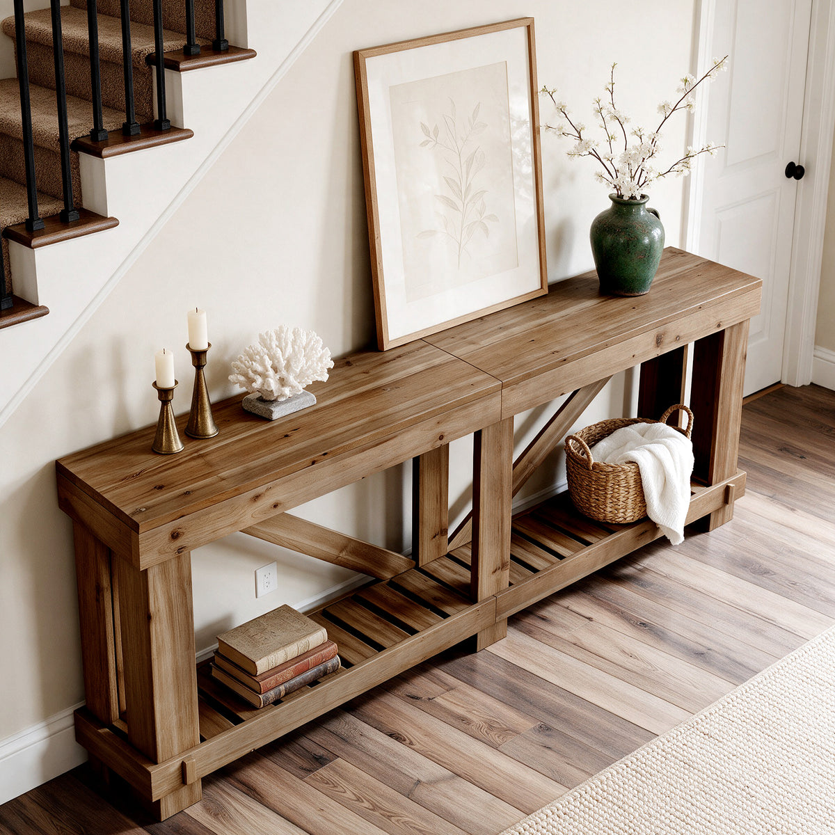 79" Solid Wood Console Table, Narrow Sofa Table with Open Slatted Shelf for Entryway