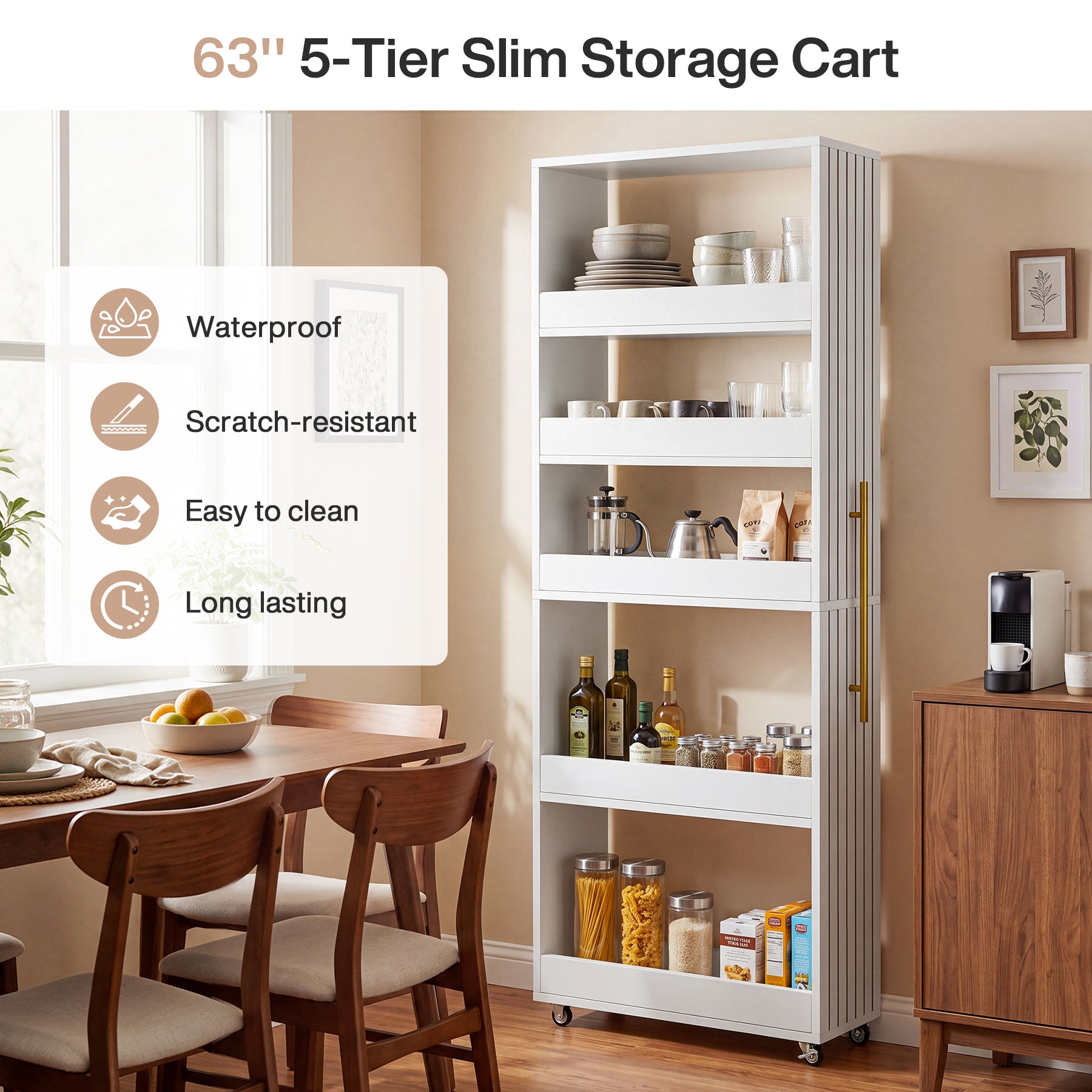63-Inch Slim Rolling Storage Cart, 5-Tier Narrow Organizer with Wheels for Small Spaces