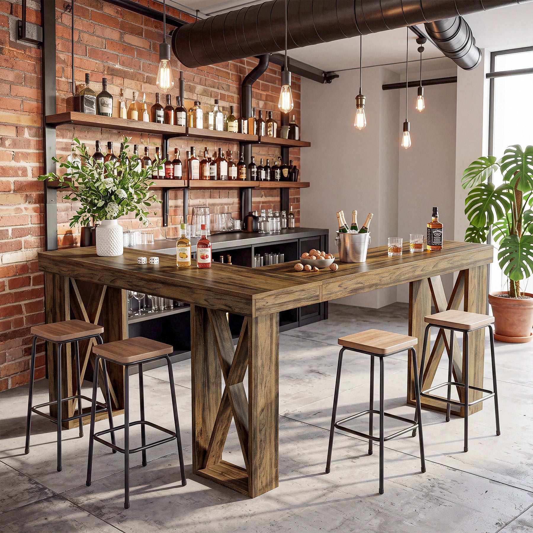 L-Shaped Bar Table, 63" x 55" High Top Corner Dining Table Pub Table with X-Cutout Leg