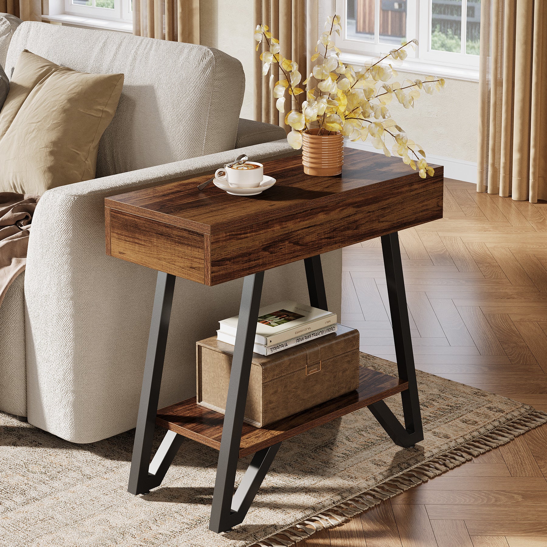 Narrow End Table,Couch Arm Side Table Nightstand with Storage Shelves