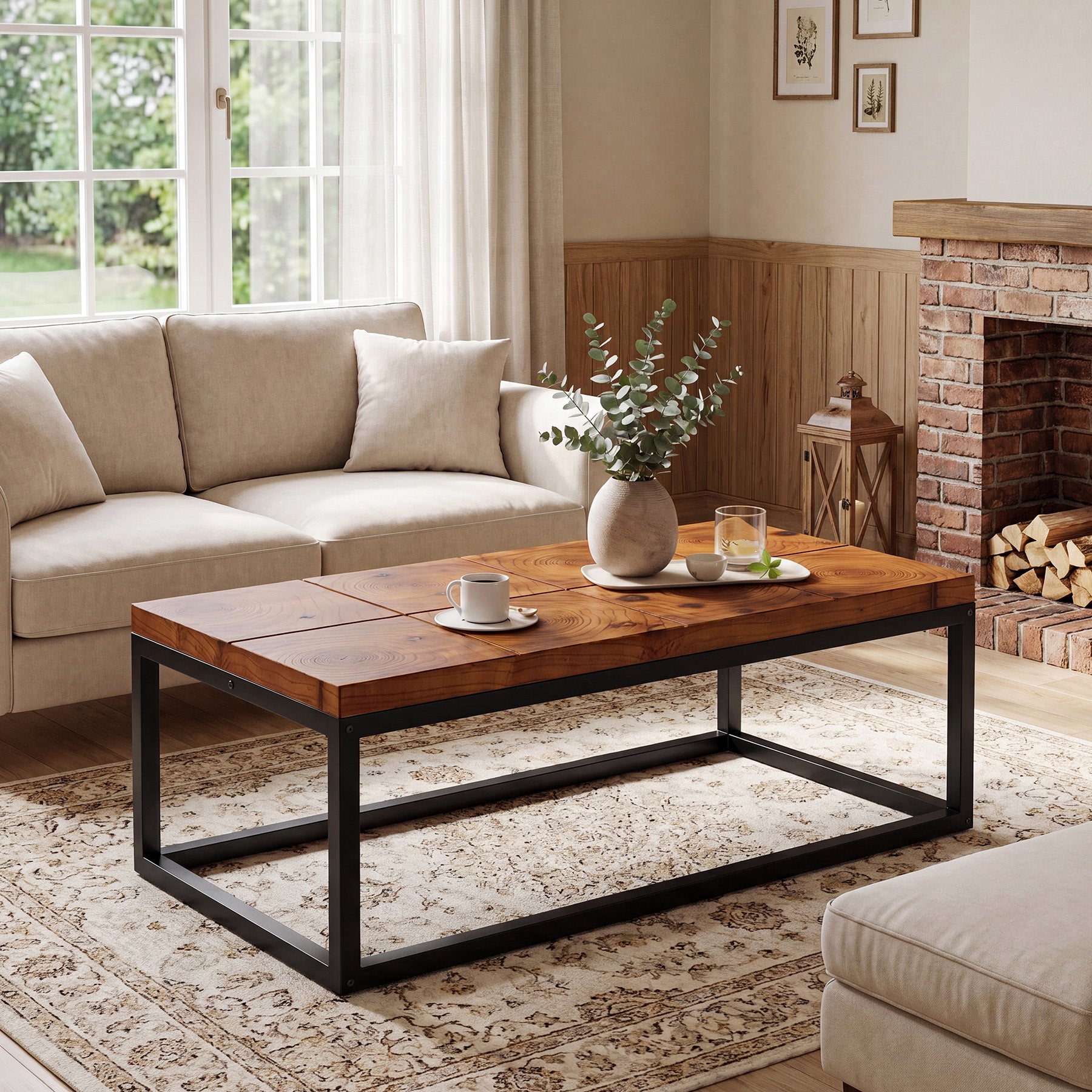 47" Rectangle Coffee Table, Solid Wood Industrial Center Table with Metal Frame