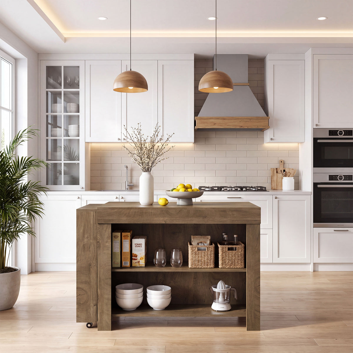 47-85" Extendable Kitchen Island for 2-4, Stationary Storage Island with Open Shelves