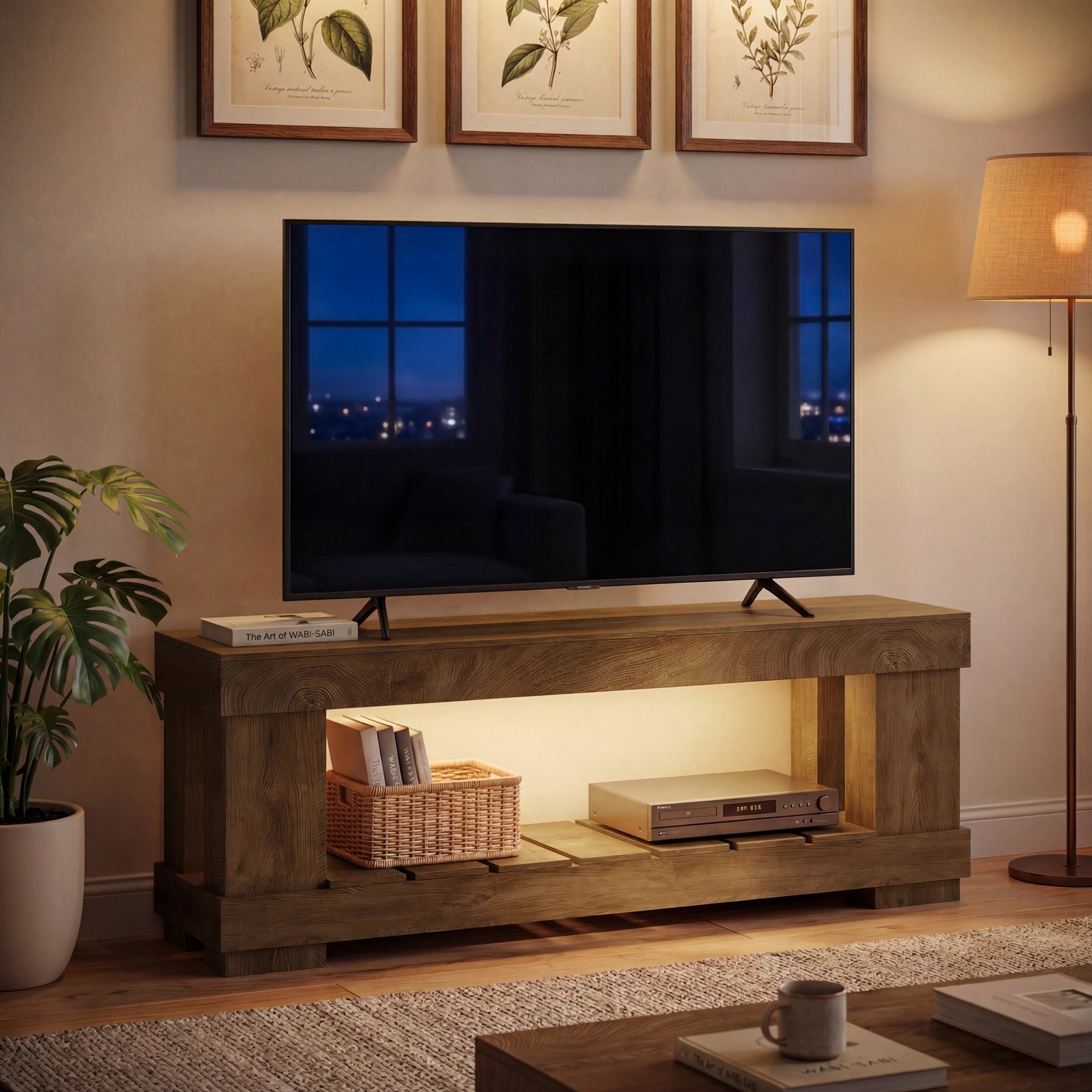 63" TV Stand for 55-70 Inch TVs, Modern Rustic Media Console with Open Storage Shelf