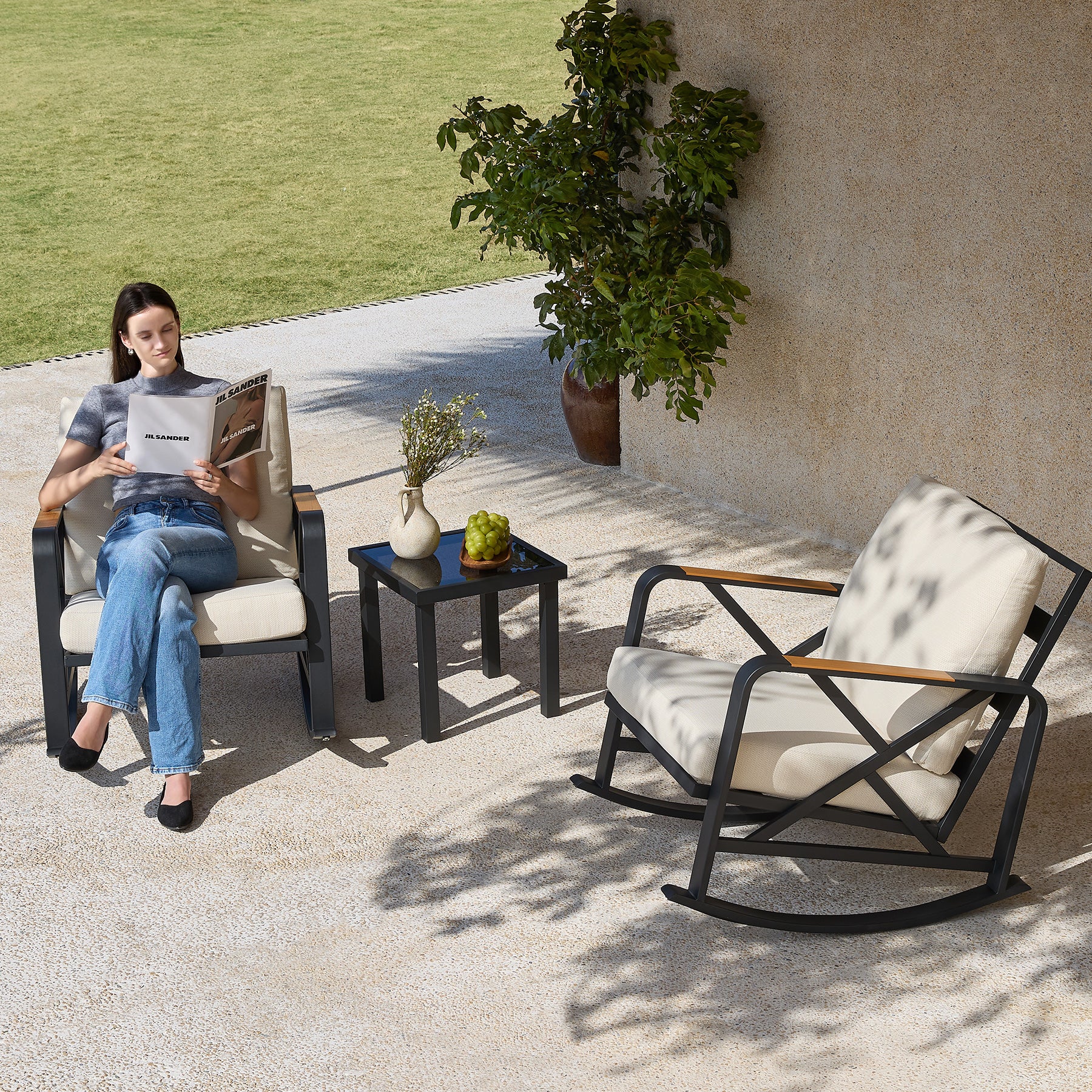 2-Person Outdoor Rocking Chair Set With Bistro Side Table And Cushions