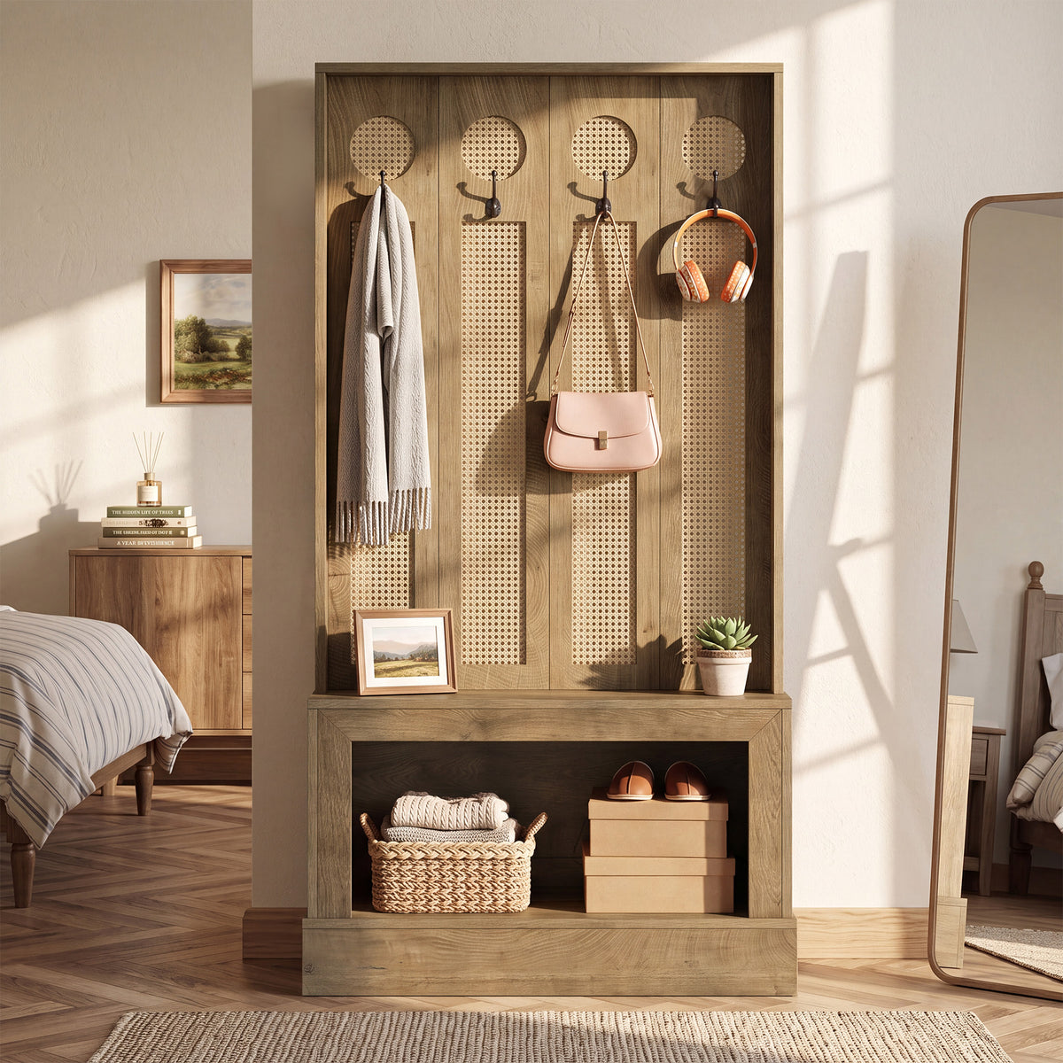 69.7" Hall Tree with Shoe Storage, Rattan Coat Rack with LED Light, 4 Hooks for Hallway