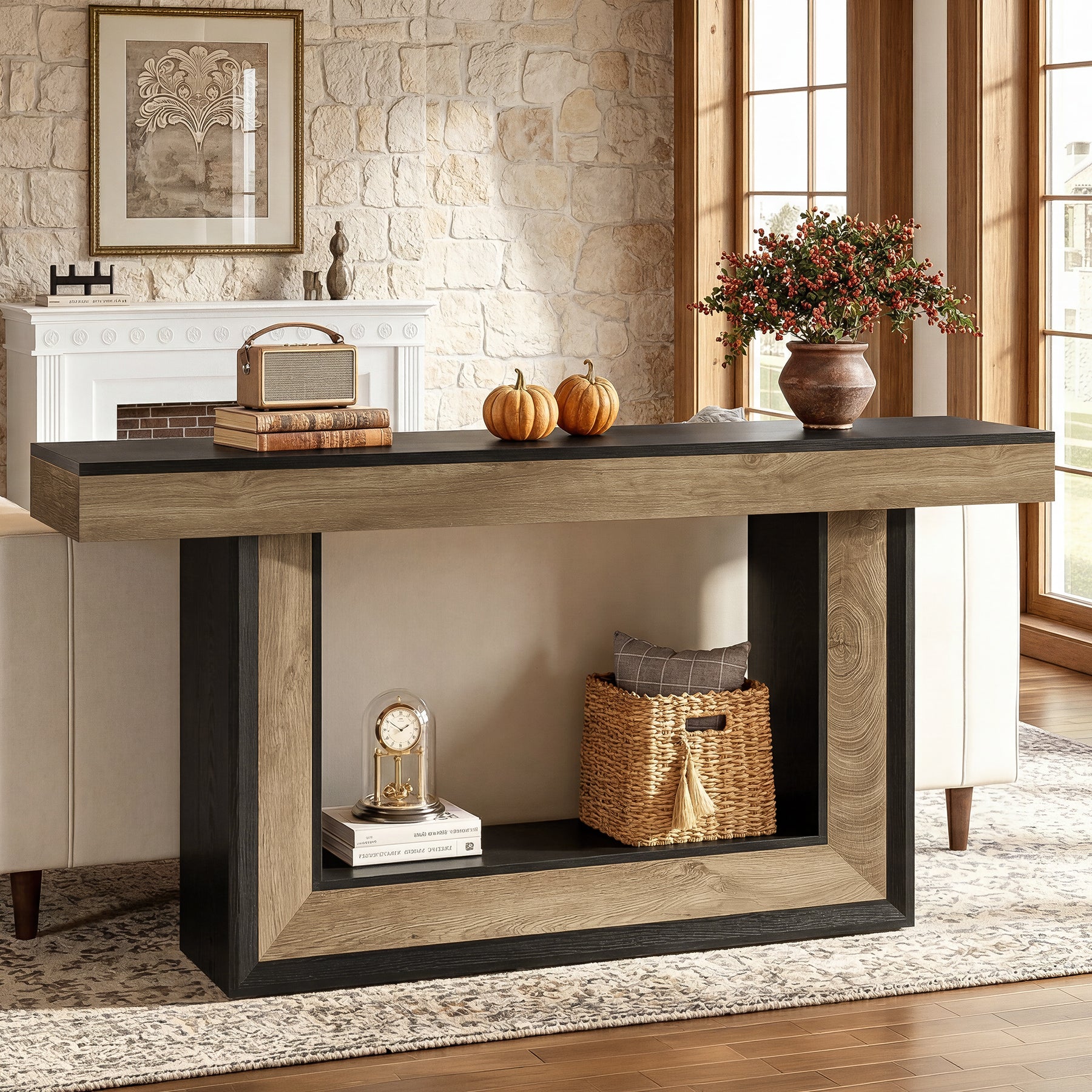 63" Console Table with U-Shaped Base, 2-Tier Narrow Sofa Table for Entryway