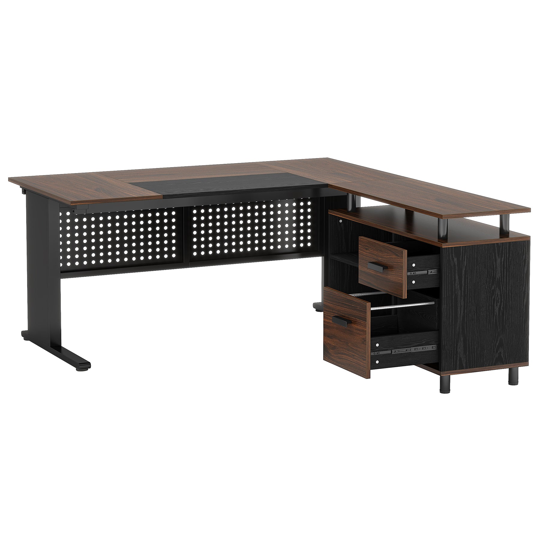 Industrial L-Shaped Desk, 63" Executive Desk with File Cabinet