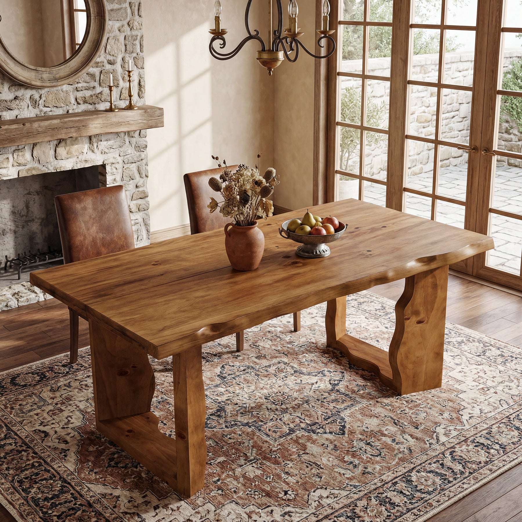 63" Solid Wood Live Edge Dining Table for 6, Rustic Modern Kitchen & Dining Room Table with Sculptural Legs