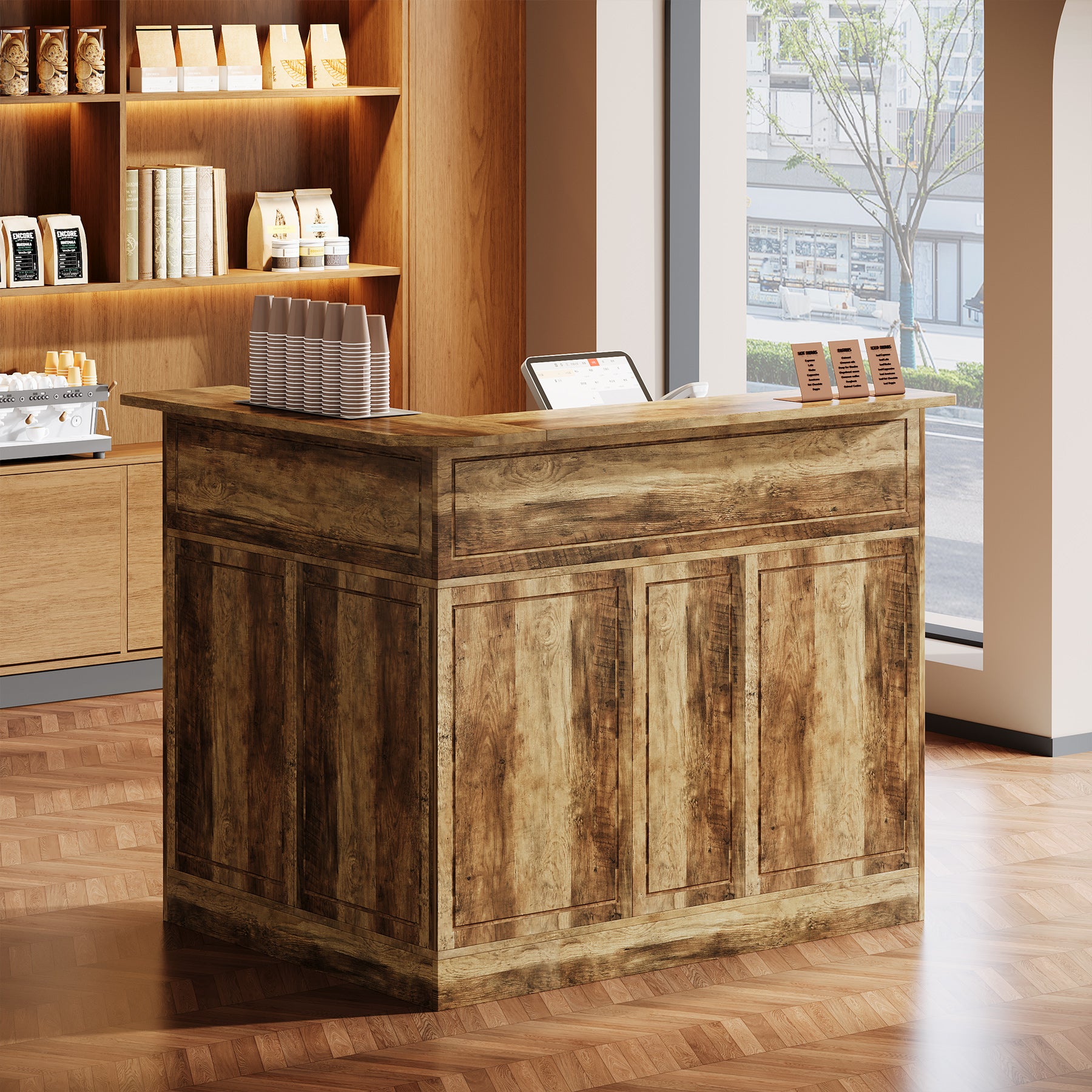 L-Shaped Reception Desk with Storage Shelves, Modern Front Desk for Small Office or Salon