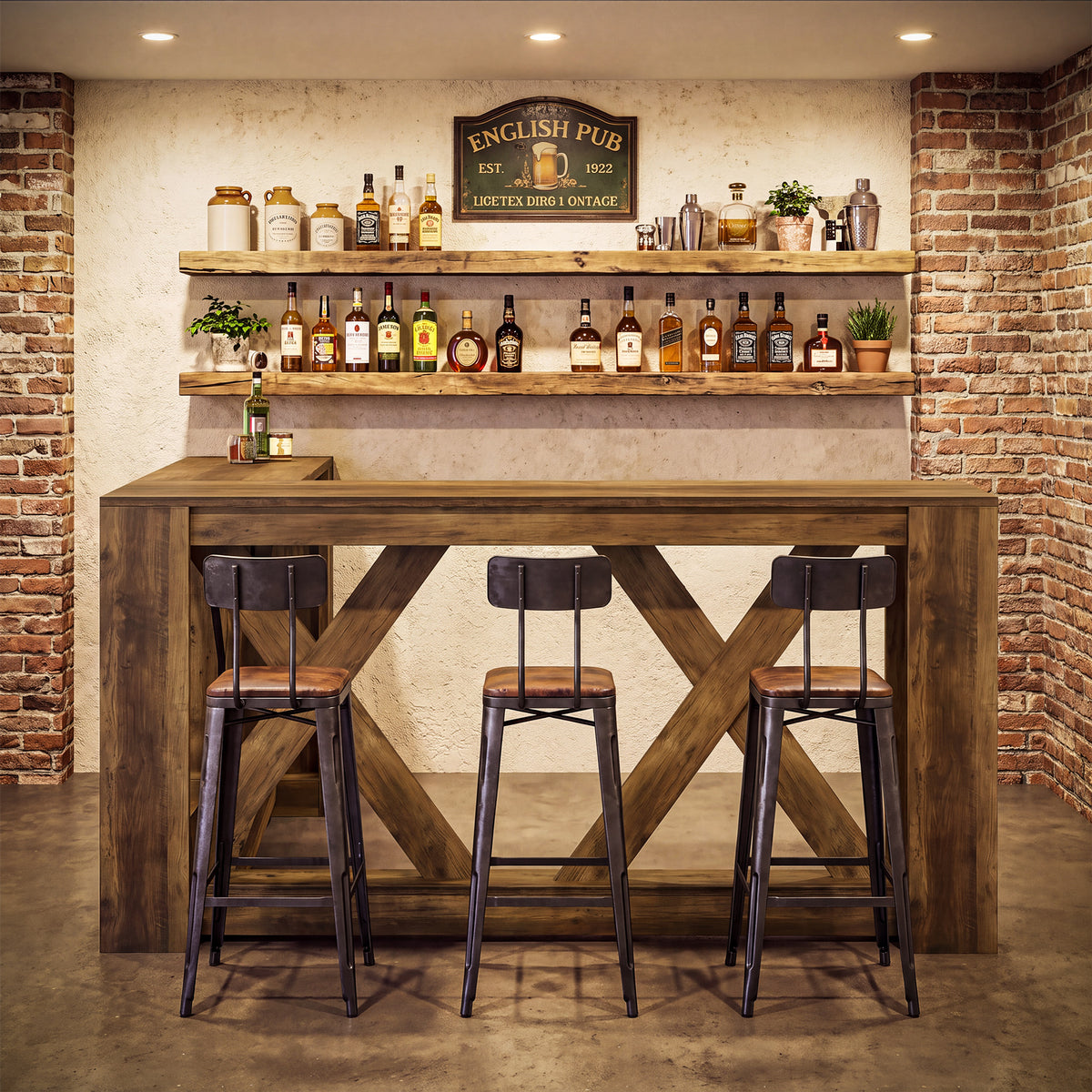 63" L-Shaped Bar Table, X-Cross Frame, Farmhouse Corner Pub Table