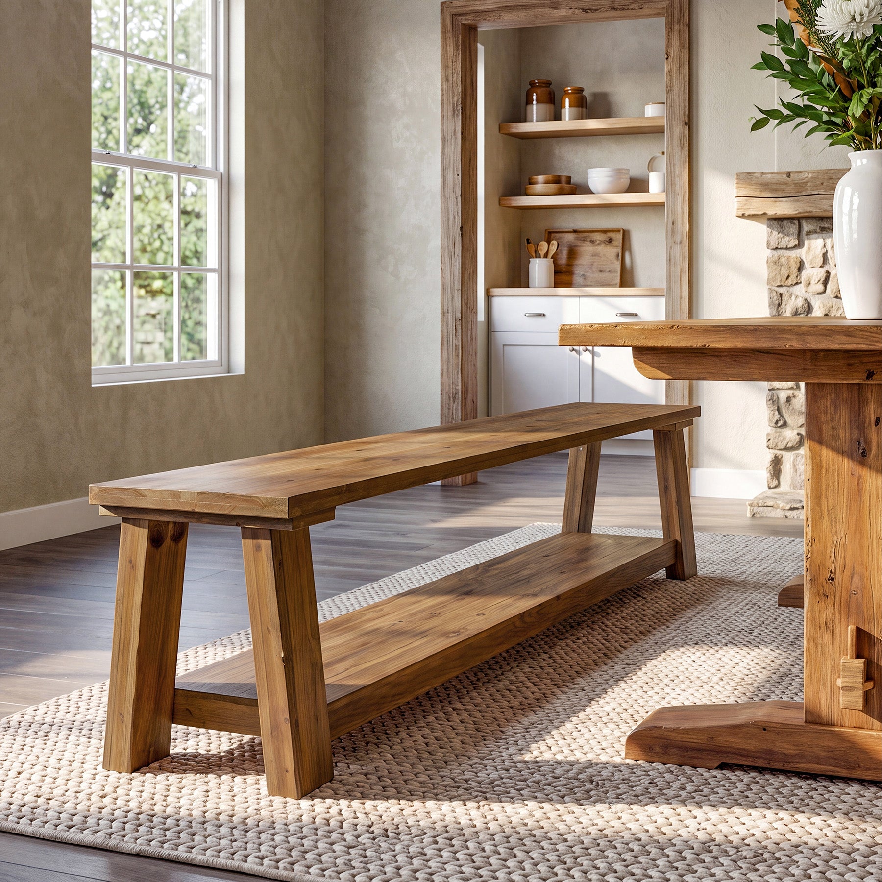70.87" Solid Wood Dining Bench, Farmhouse Kitchen Bench with 2-tier Shelf for Dining Room