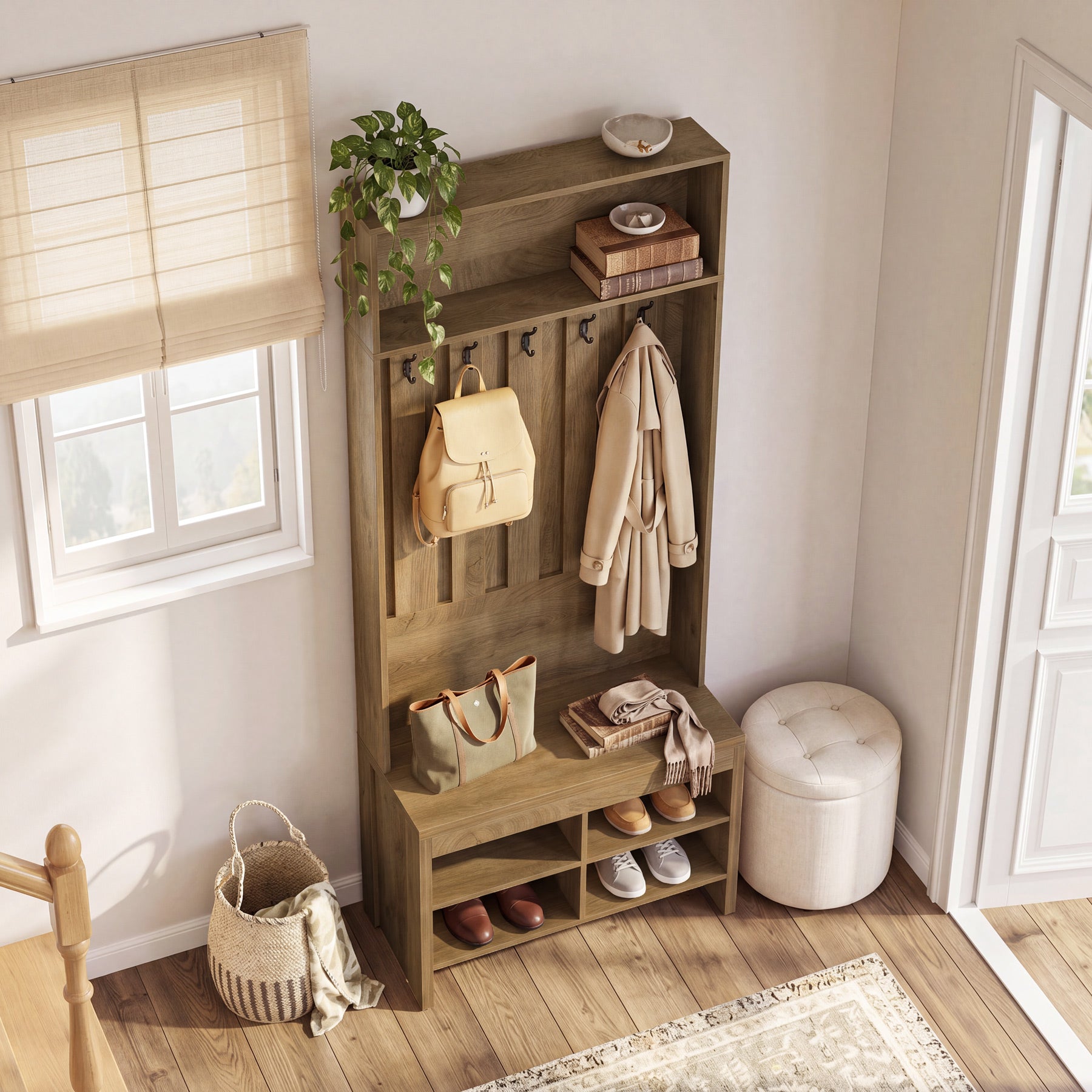 70.8" Tall Hall Tree, Entryway Organizer with Bench & 5 Hooks