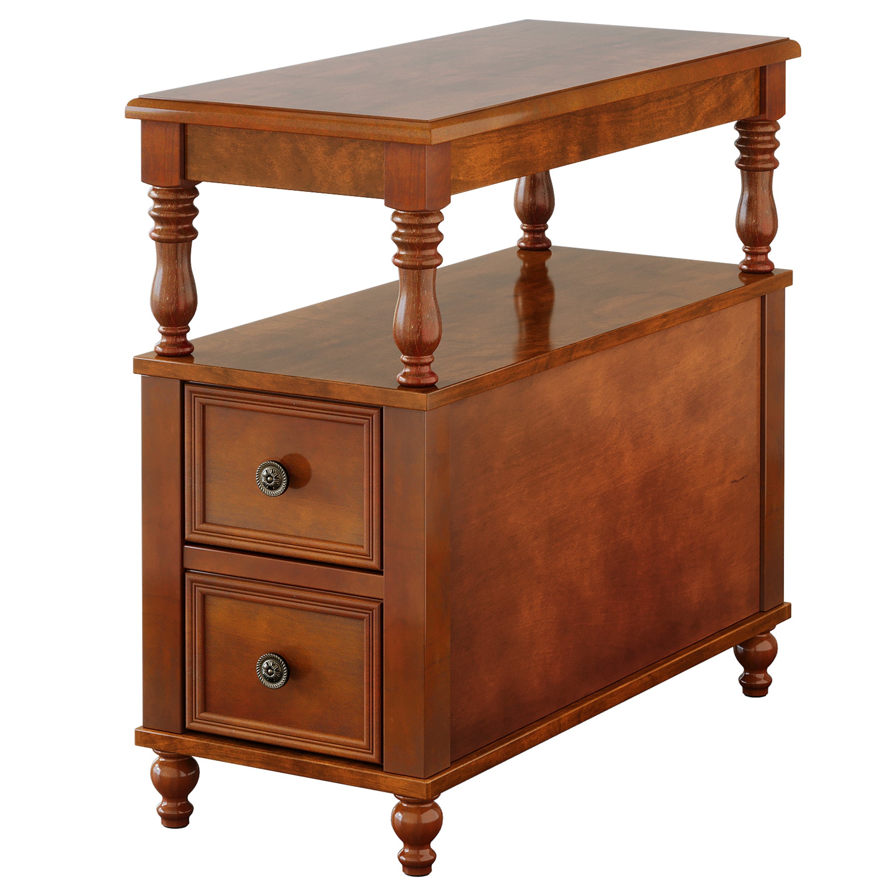 Solid Wood Nightstand with 2 Drawers, Bedside Table with Open Shelf