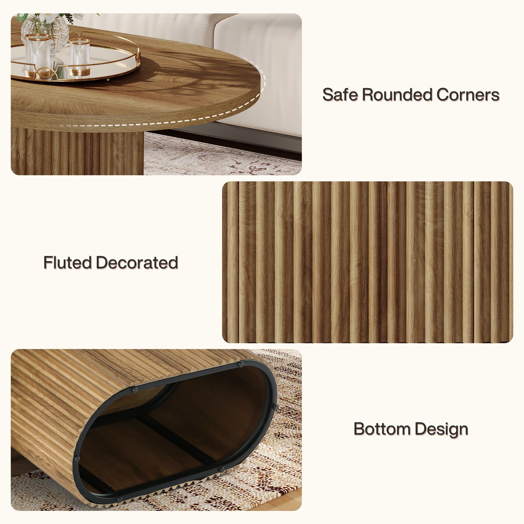 47.2" Oval Coffee Table, Farmhouse Center Table with Fluted Design