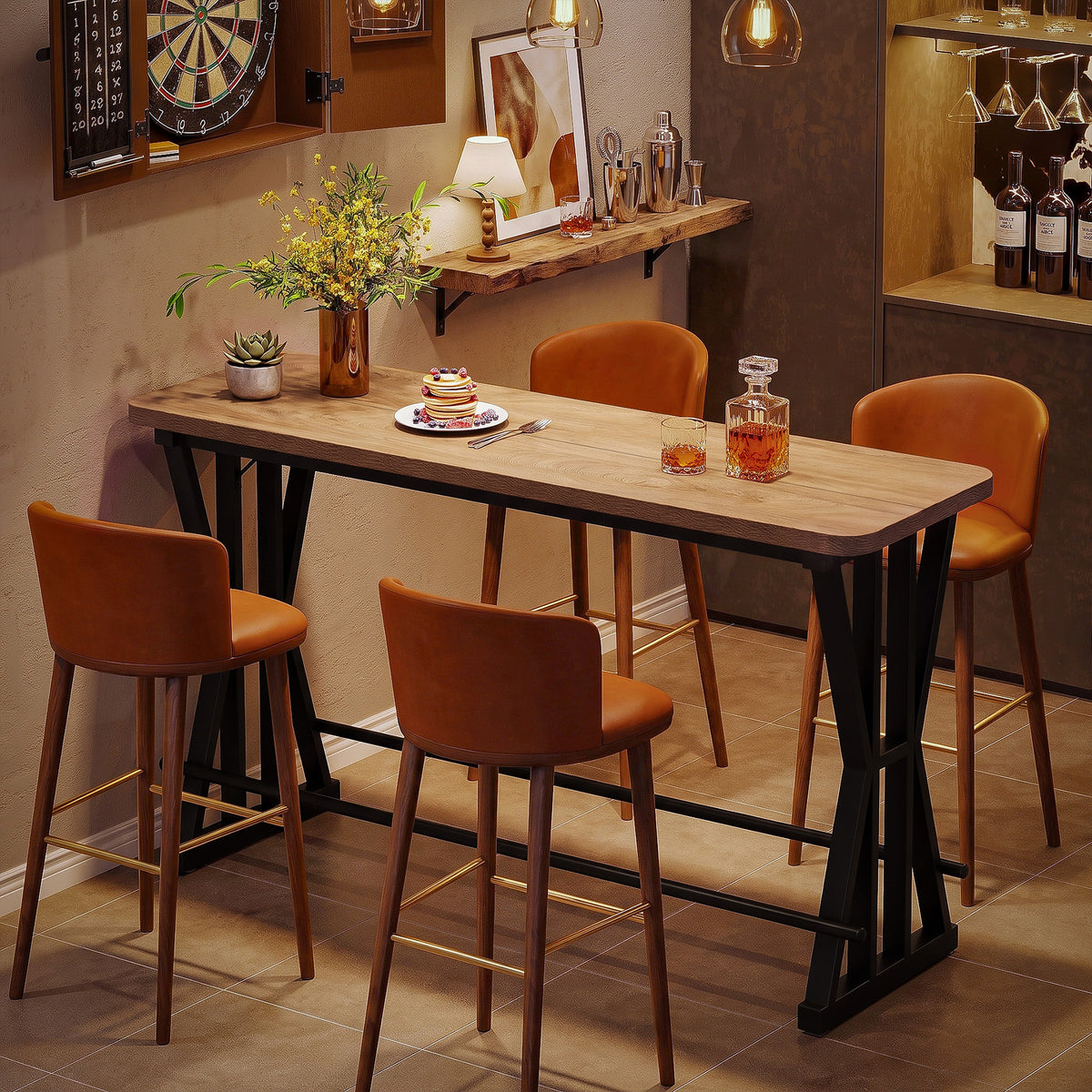 63" Bar Table with X-Frame Metal Legs, Industrial Counter-Height Pub Table for 4-6