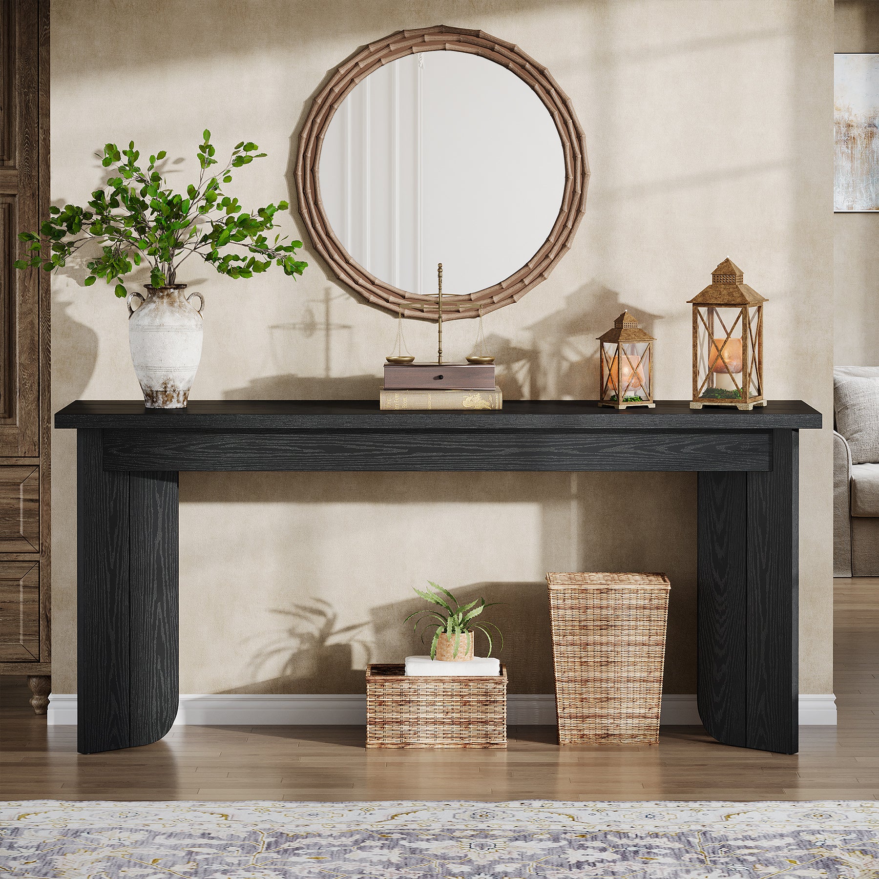 70.9" Console Table, Wood Sofa Table Hallway Table with Double Pedestal