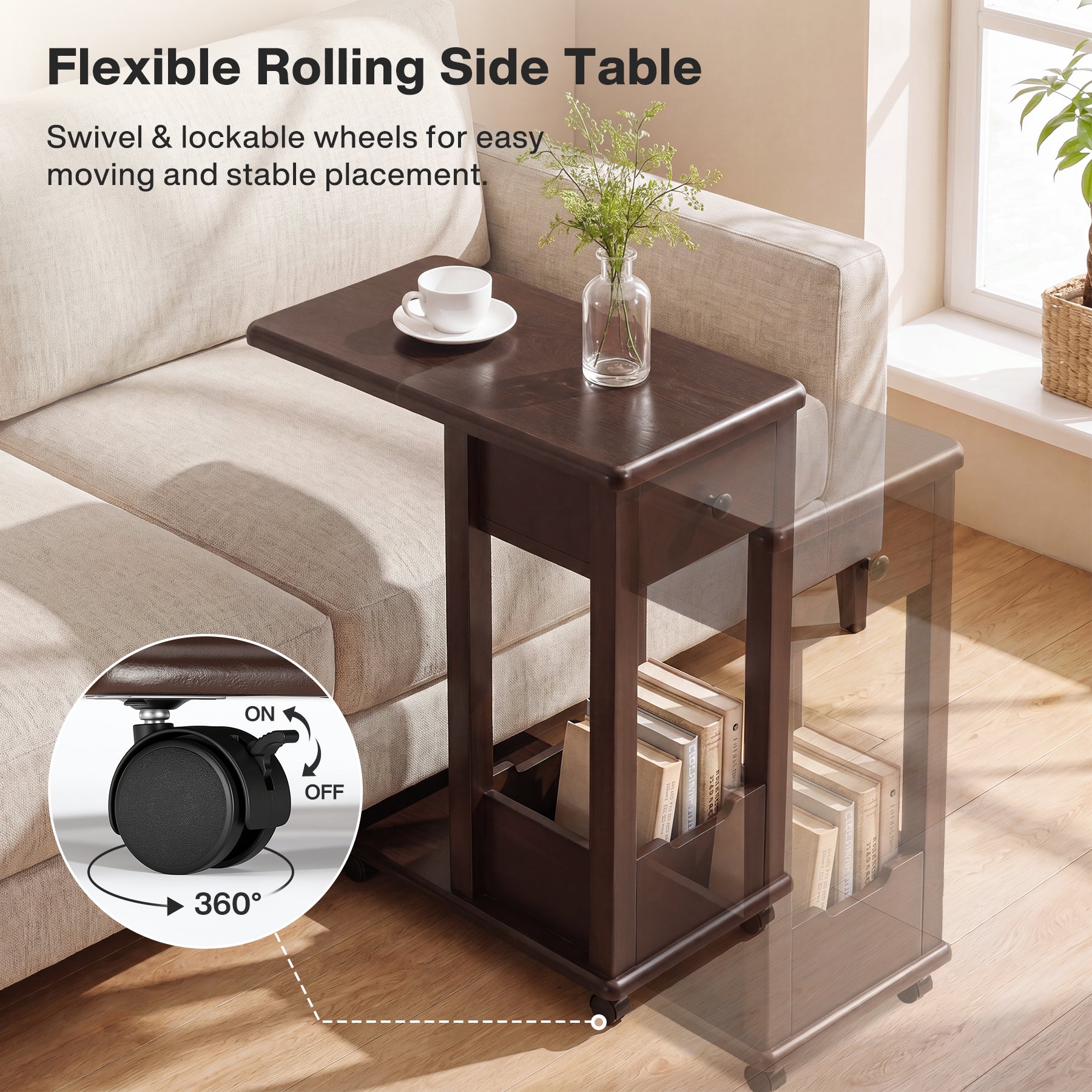 C-Shaped Side Table, 2-Tier Rolling Sofa End Table with Swivel & Lockable Casters