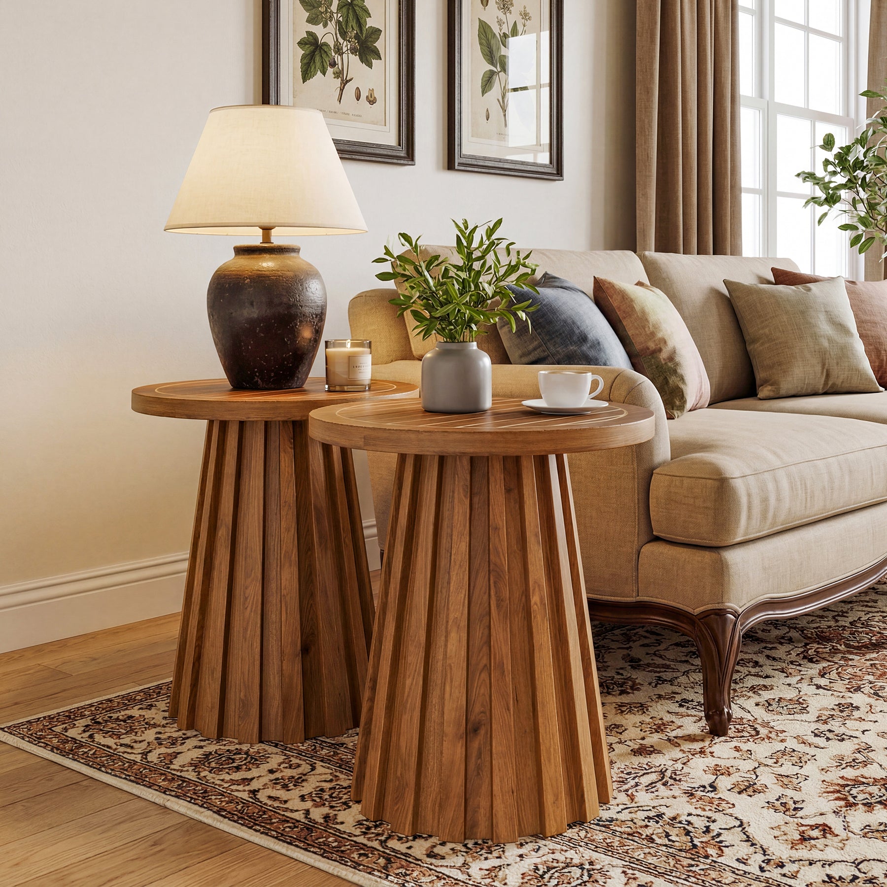20" Round Side Table, Solid Wood End Table with Fluted Base for Living Room