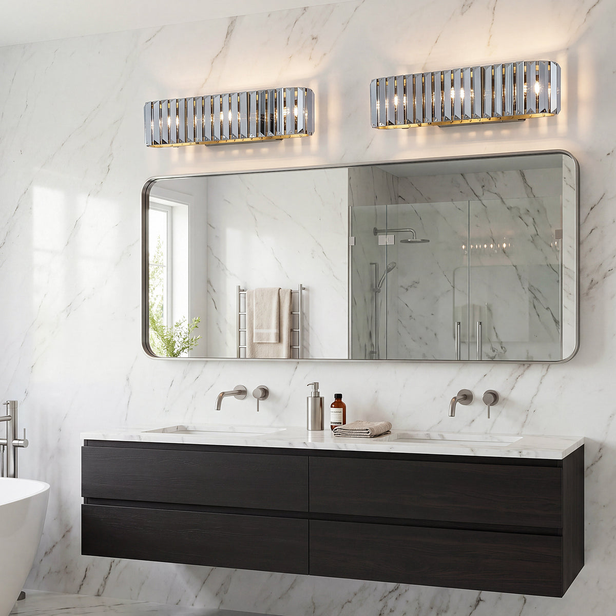 3-Light 19.7" Bathroom Vanity Light, Gold Wall Sconce with Smoky Crystal