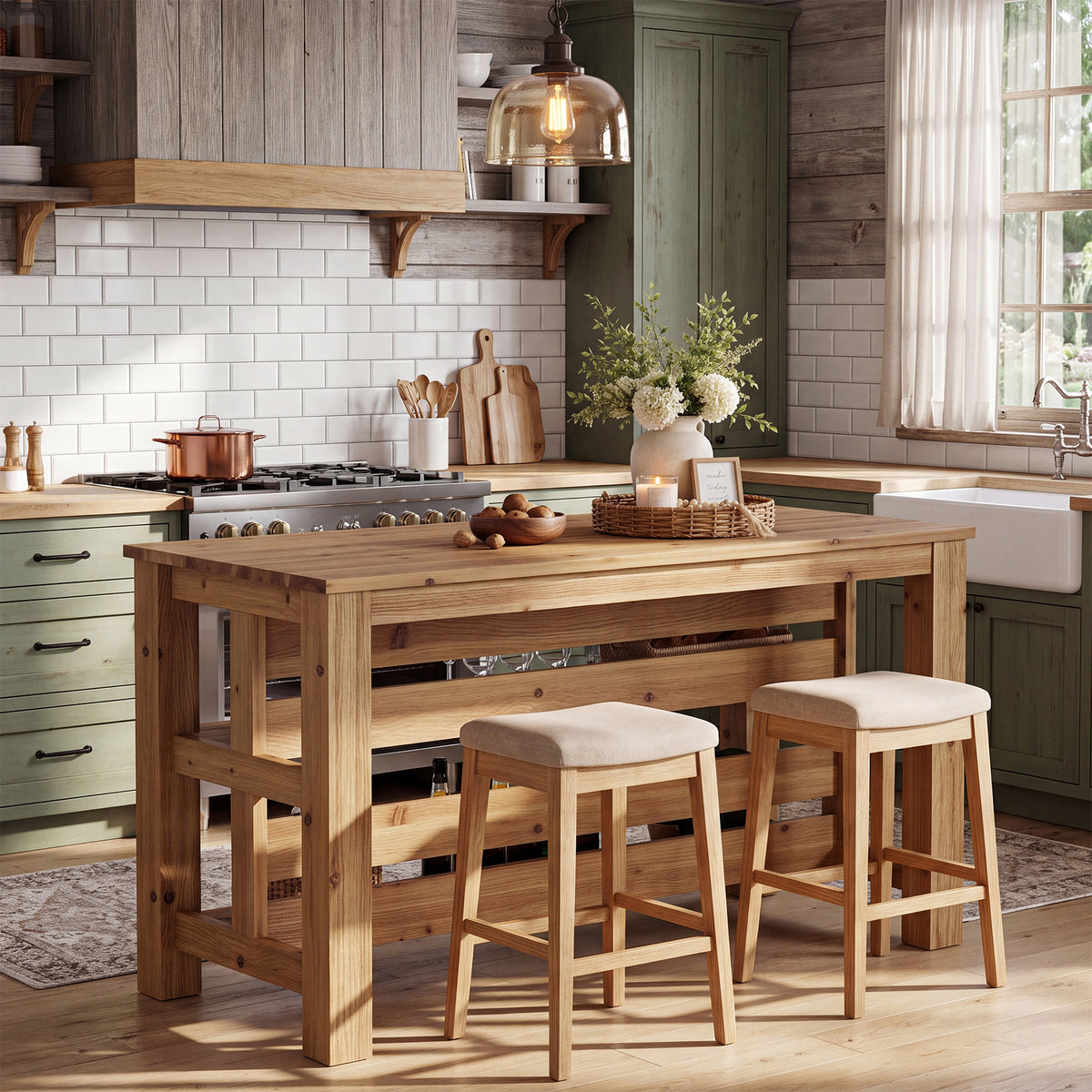 63" Farmhouse Solid Wood Kitchen Island with 3-Tier Open Storage Shelves, Prep Table