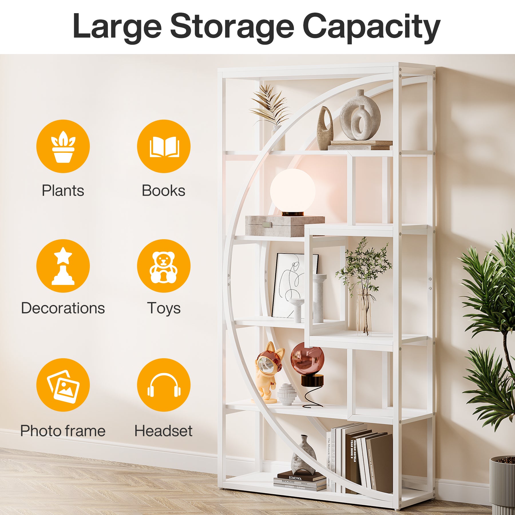 70.8” Tall Modern Geometric Bookcase, 5-Tier Etagere with 8 Open Shelves