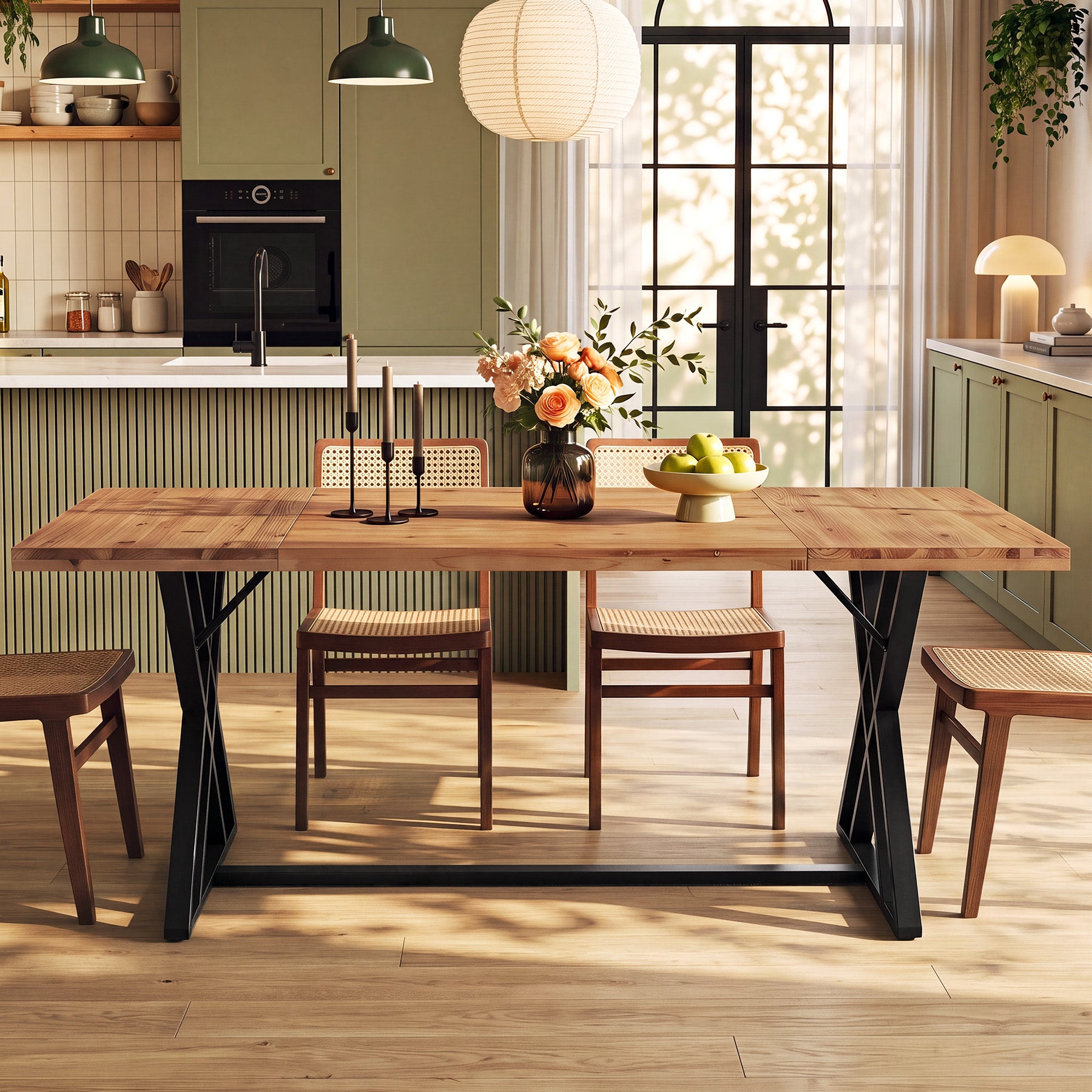 63" Solid Wood Dining Table, Rectangular Kitchen Table with X Shaped Metal Legs for 4-6
