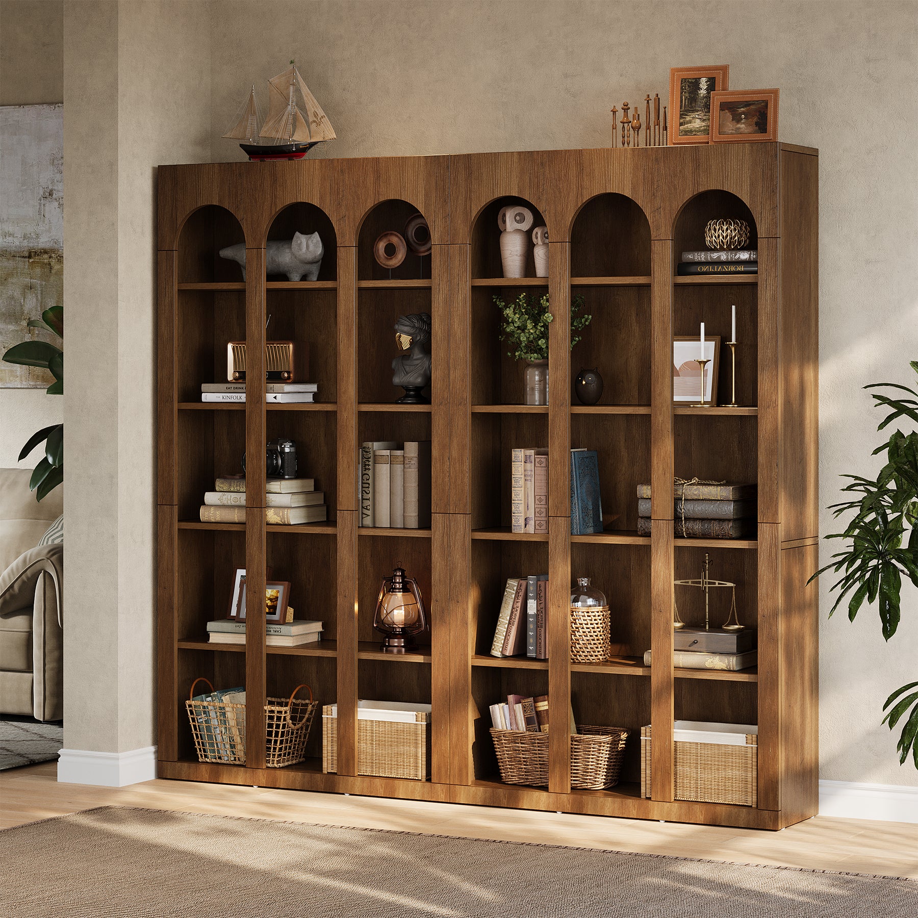 70.8" Arched 5-Tier Bookshelf with Open Shelves, Vintage Farmhouse Style Tall Display Bookcase