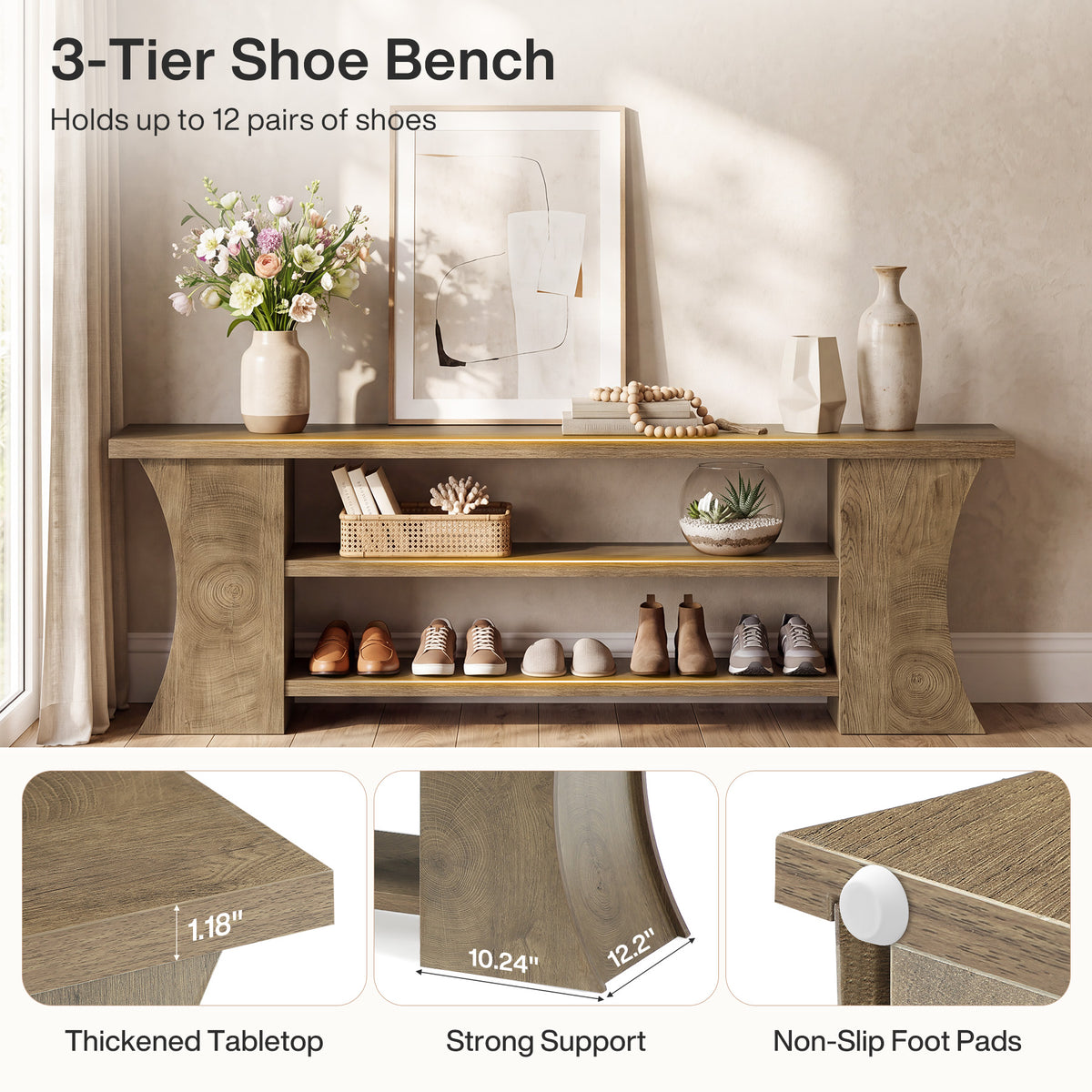 63" Entryway Bench with Shoe Storage, 3-Tier Farmhouse Shoe Bench for Hallway