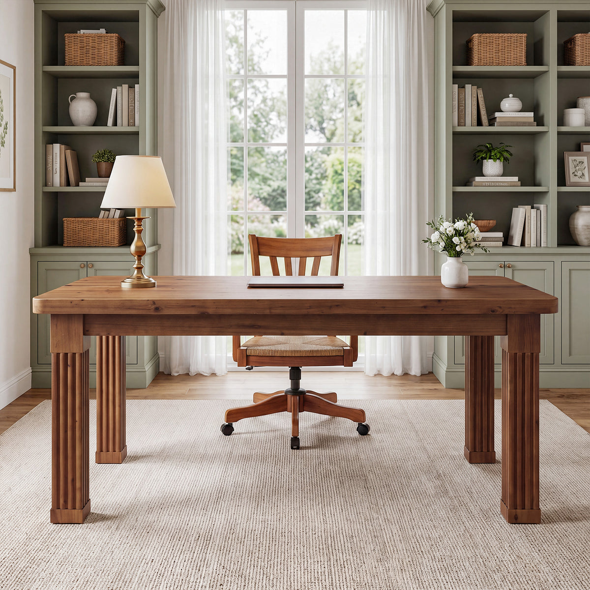 63" Farmhouse Solid Wood Executive Desk with Fluted Legs, Farmhouse Home Office Desk