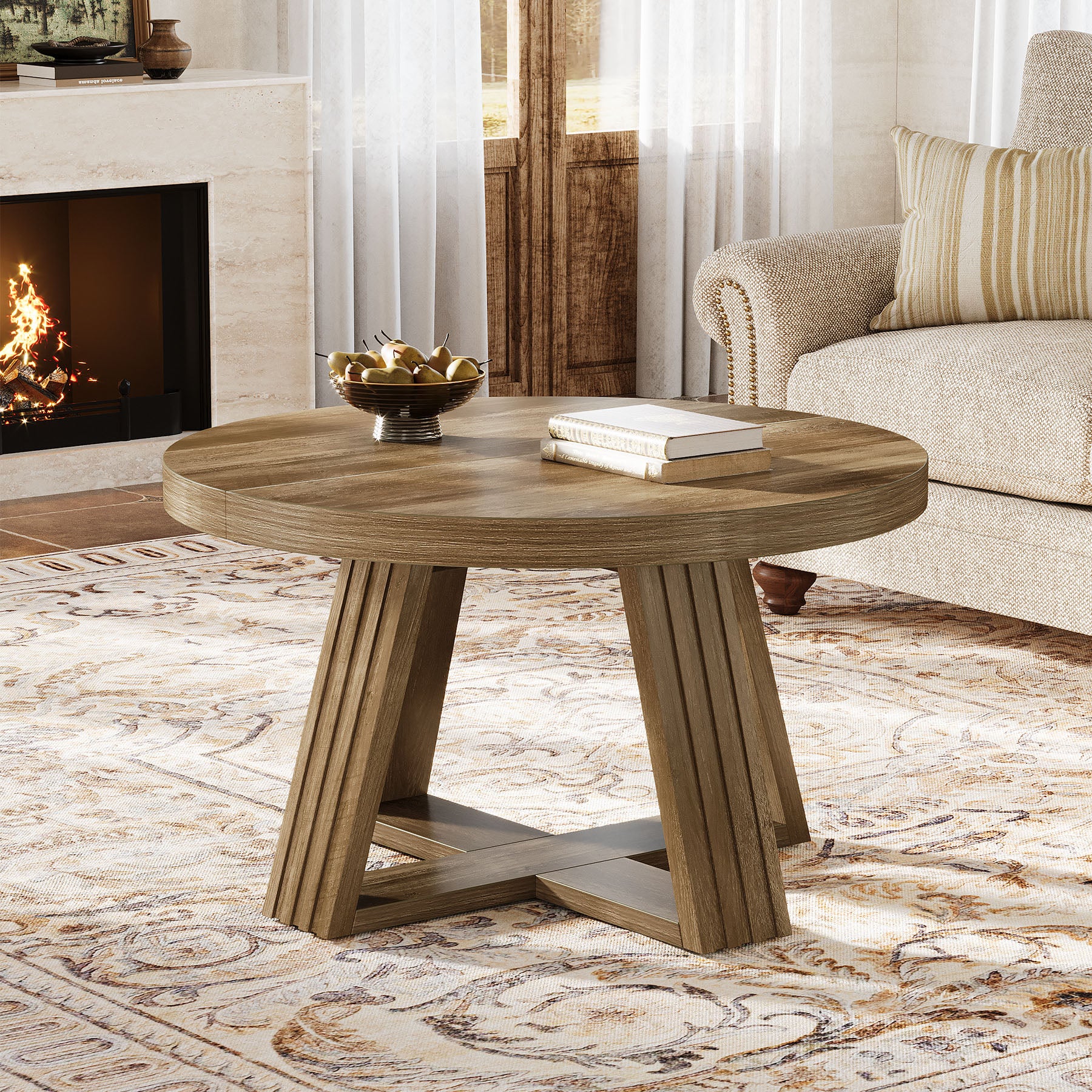 31.5" Round Coffee Table, Farmhouse Center Table with Solid Tabletop for Living Room