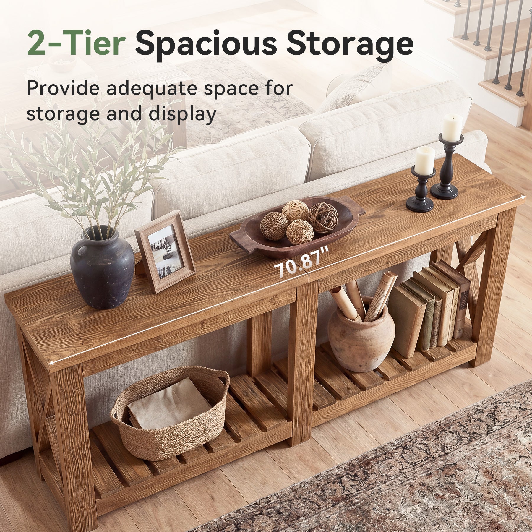 71" Solid Wood Farmhouse Console Table with Storage Shelves, Extra Long Sofa Table for Entryway & Hallway