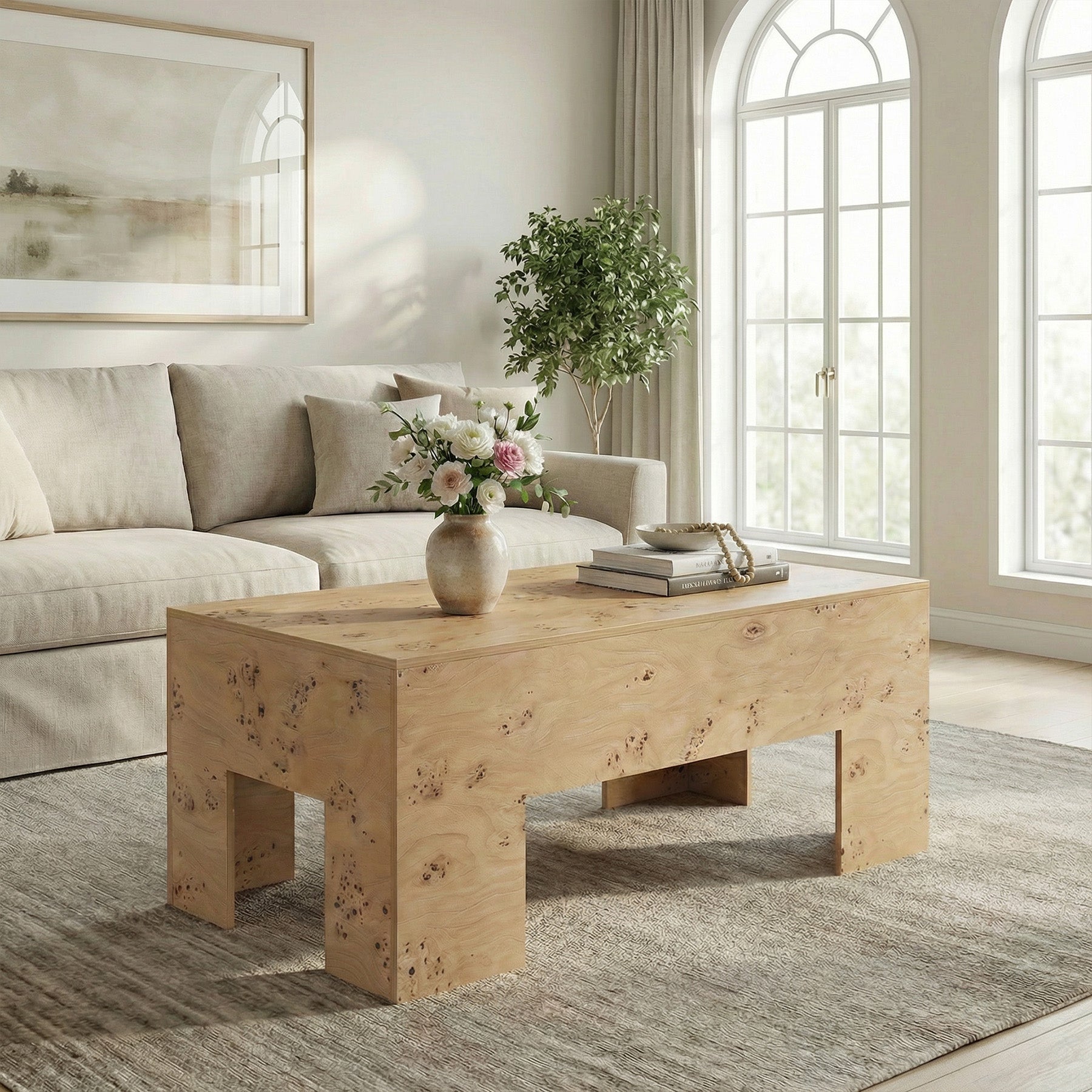 Tribesigns 55.12" Wood Coffee Table, Burl Veneer Center Table for Living Room