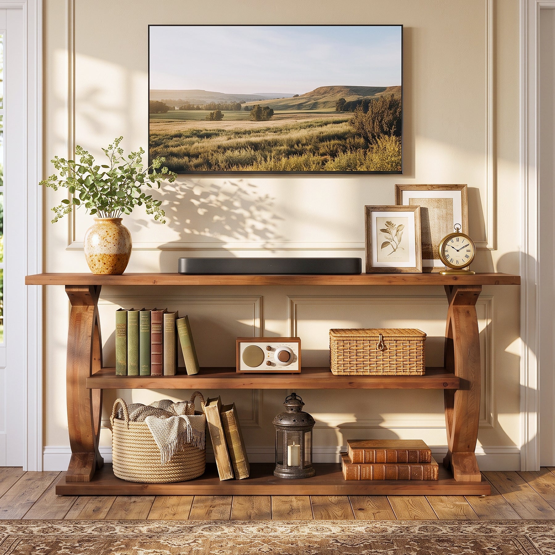 63" Solid Wood TV Stand for 75" TVs, 3-Tier TV Console with Open Storage Shelves