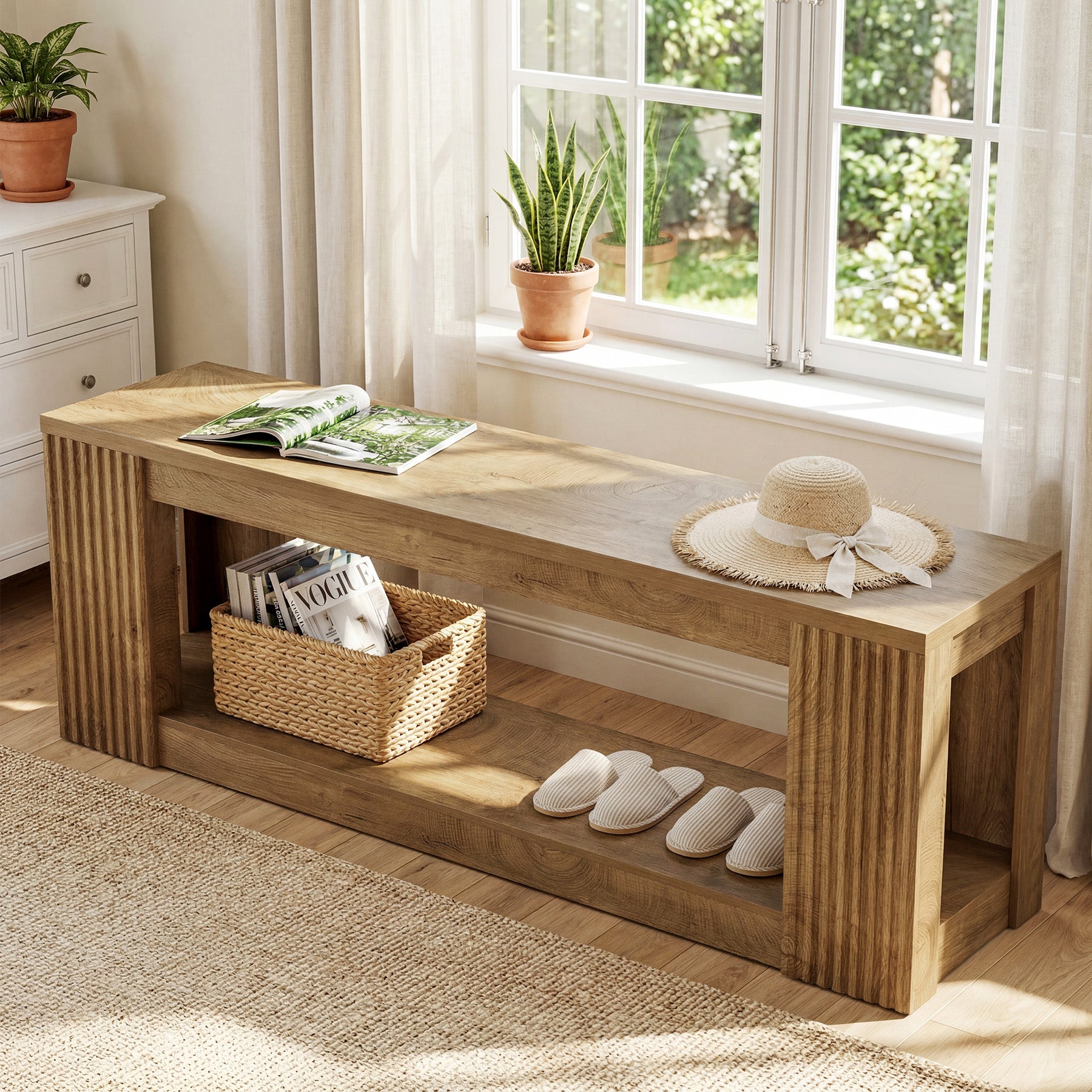 63" Entryway Bench, 2-Tier Shoe Bench End of Bed Seat for Hallway, Bedroom