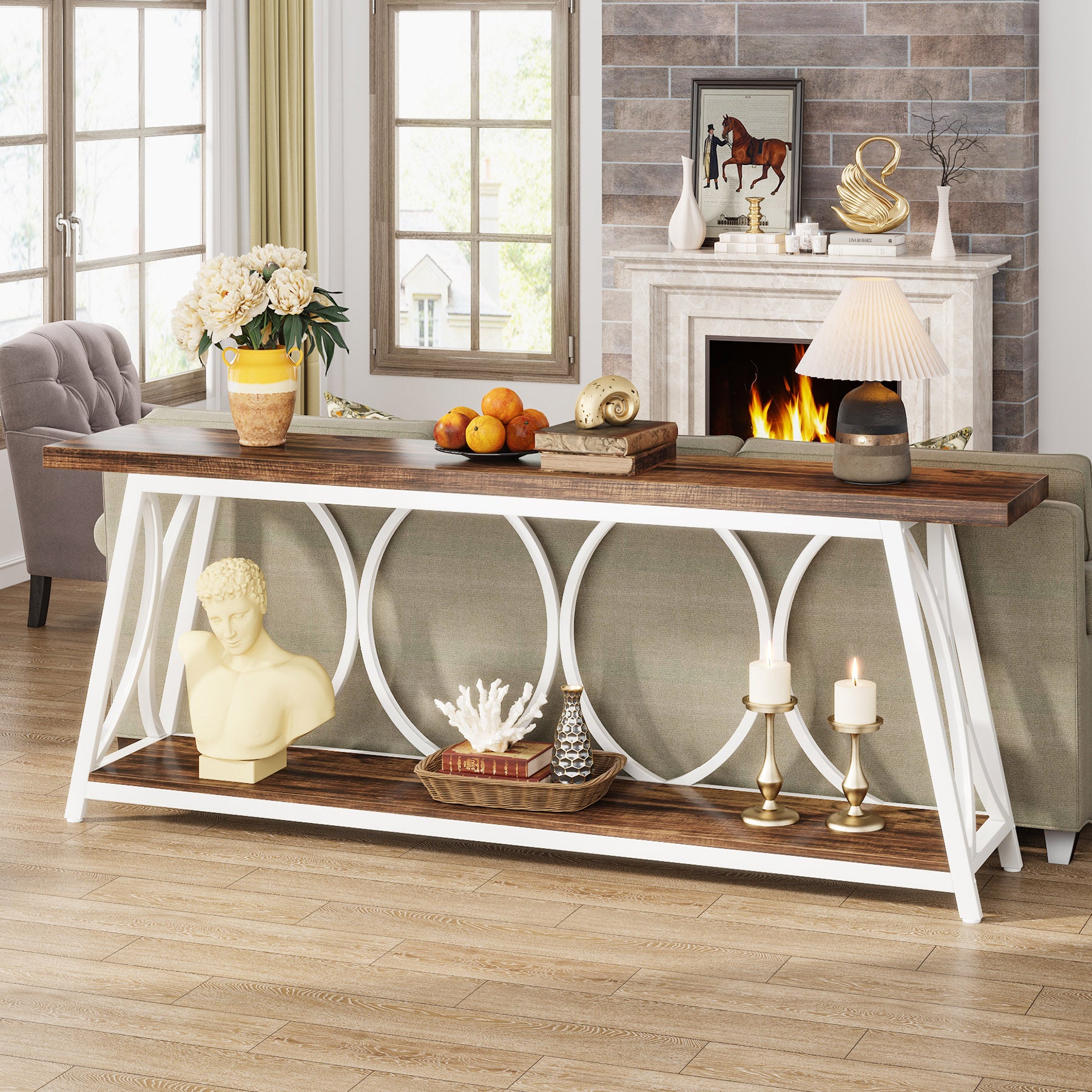 70.9" 2-Tier Industrial Console Table, Sofa Table with Shelves for Living Room or Entryway