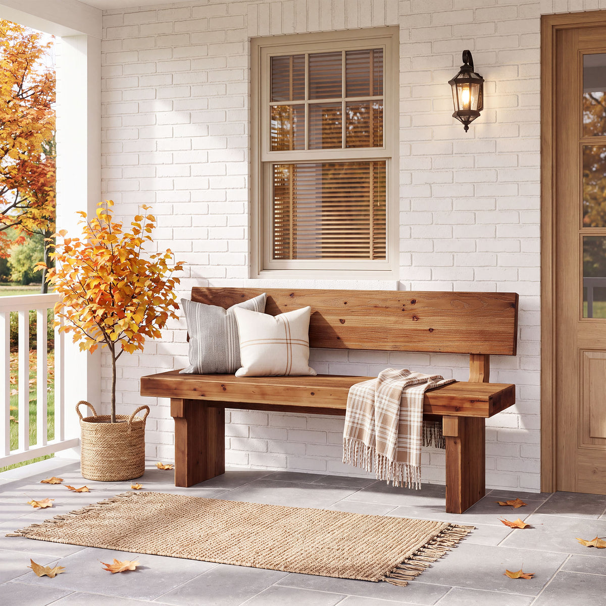 55" Solid Wood Entryway Bench with Backrest, Shoe Bench for Hallway & Mudroom