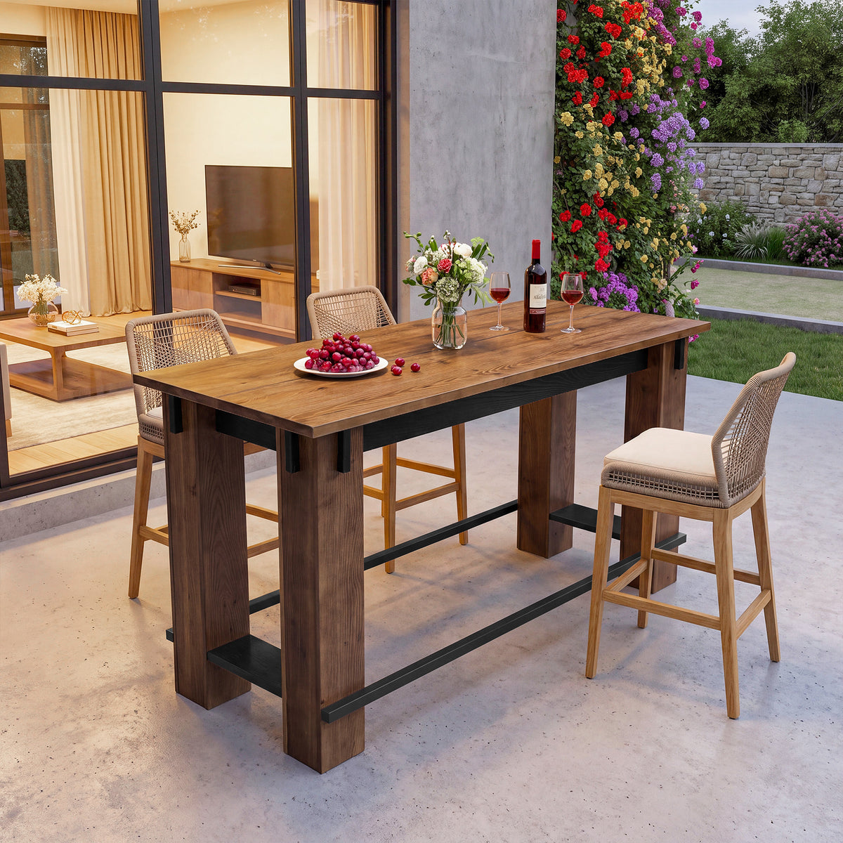63" Farmhouse Solid Wood Bar Table, Metal Footrest, Counter Height Rectangle Pub Table