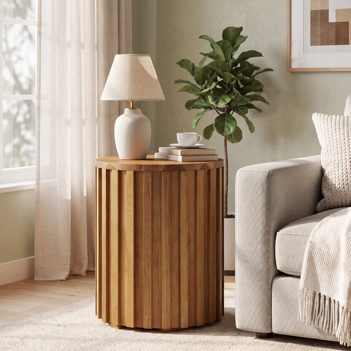 Fluted Round End Table, Solid Wood Cylinder Hidden Storage, No Assembly Nightstand
