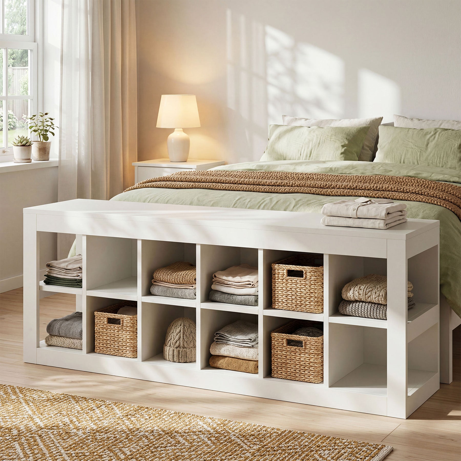 52.36" Shoe Storage Bench with 12 Cubbies, Wooden Entryway Bench for Hallway