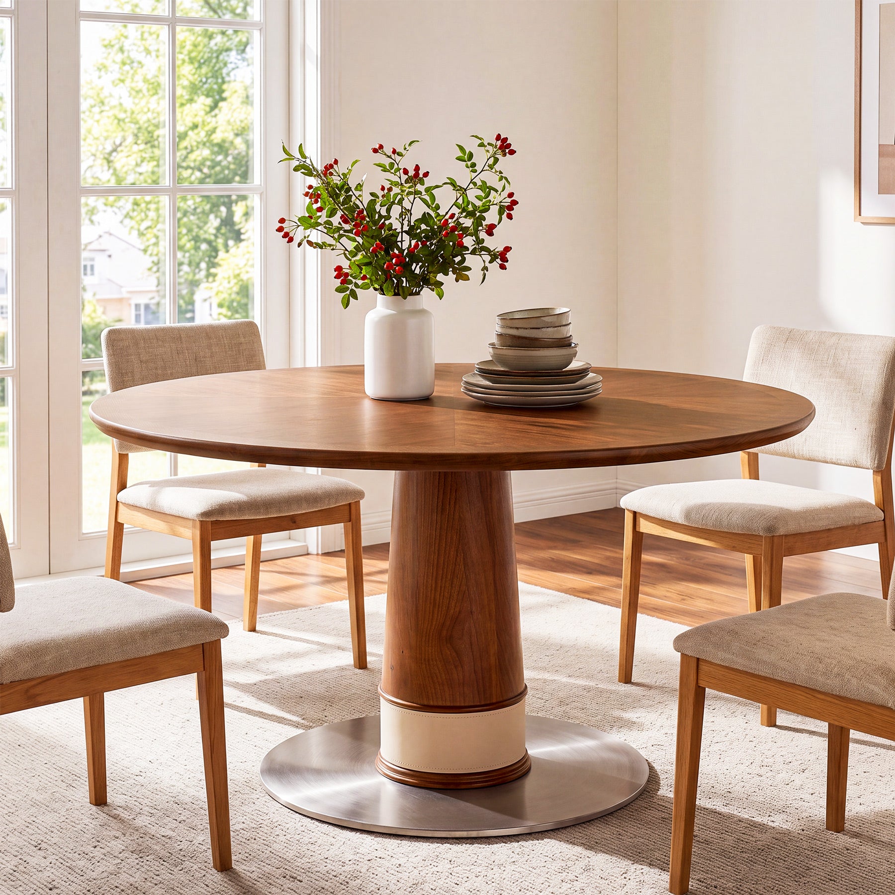 47" Round Dining Table for 4-6, Solid Wood Mid-Century Modern Kitchen Table, Stainless Steel Pedestal Base
