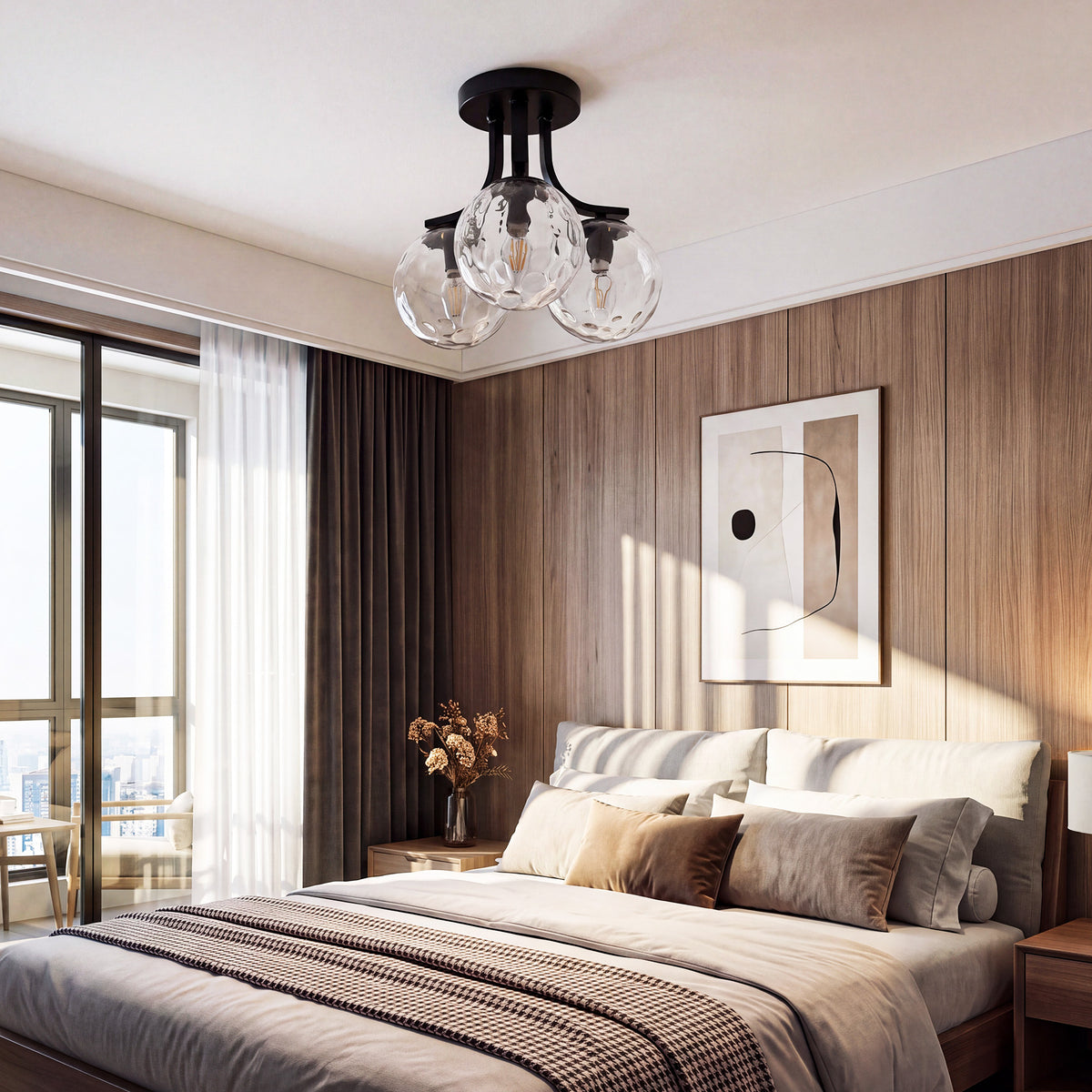 3-Light Semi Flush Mount Ceiling Light with Clear Bubble Glass Globes