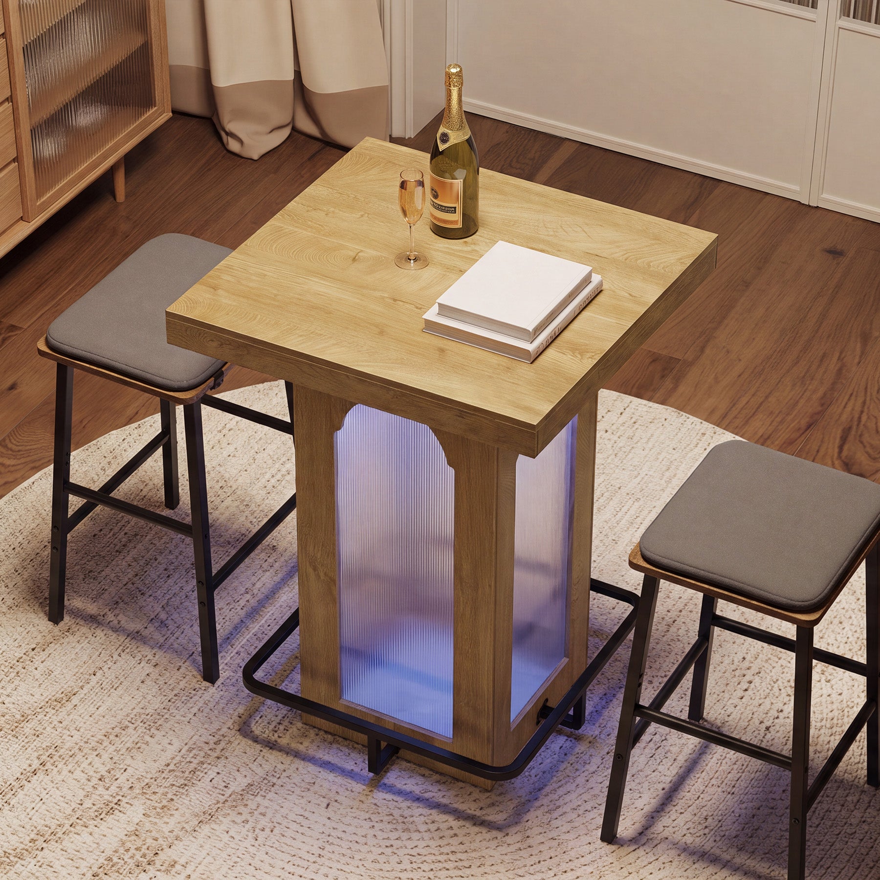 31.5" Square Bar Table, High Top Cocktail Pub Table with Led Lights for 2-4 People