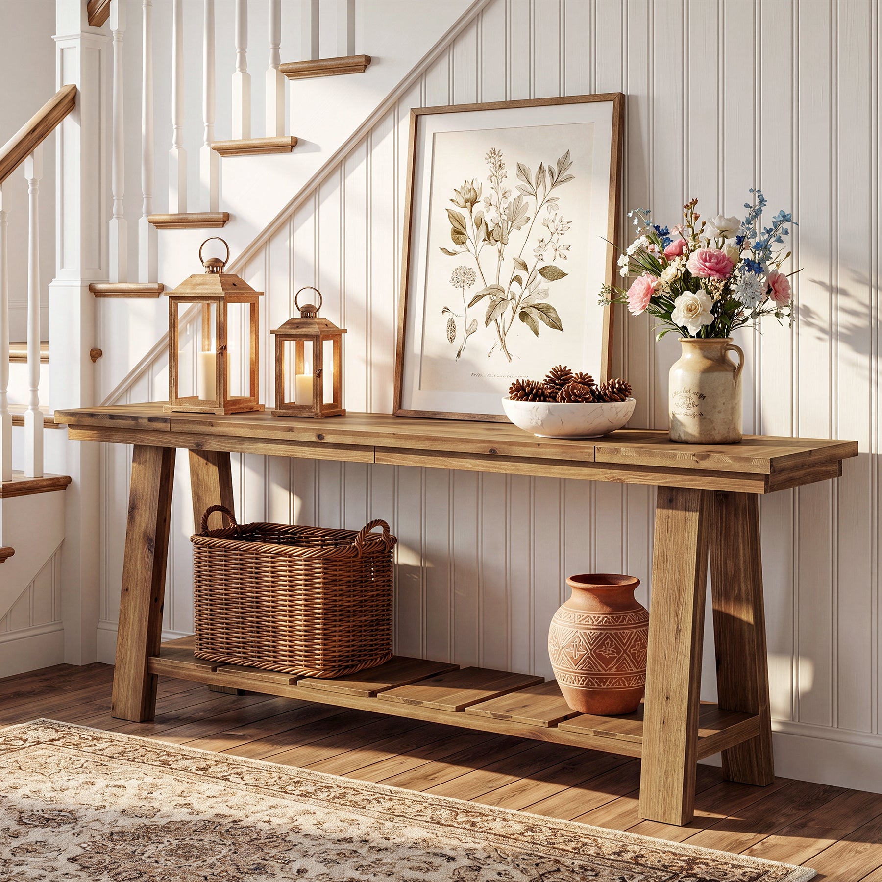 79" Solid Wood Console Table, Long Farmhouse Entryway Table with 2-Tier Storage Shelf
