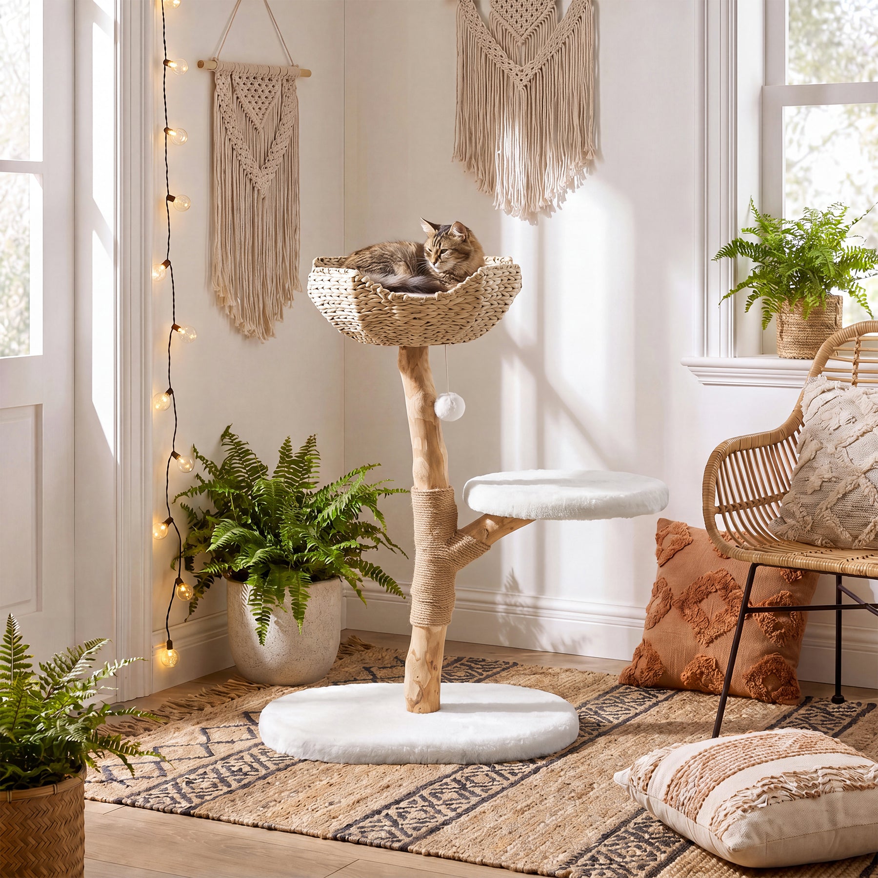 35" Tall Solid Wood Cat Tree, Boho Cat Tower with Cat Ear Wicker Basket Bed with Real Branch Design