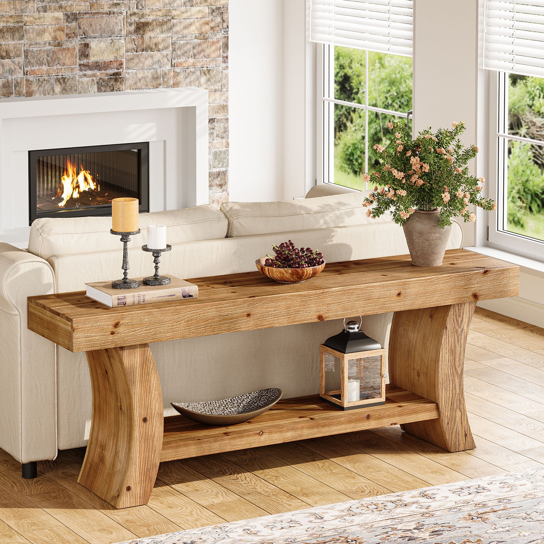 2-Tier Solid Wood Console Table, 63" Farmhouse Sofa Table Behind Couch